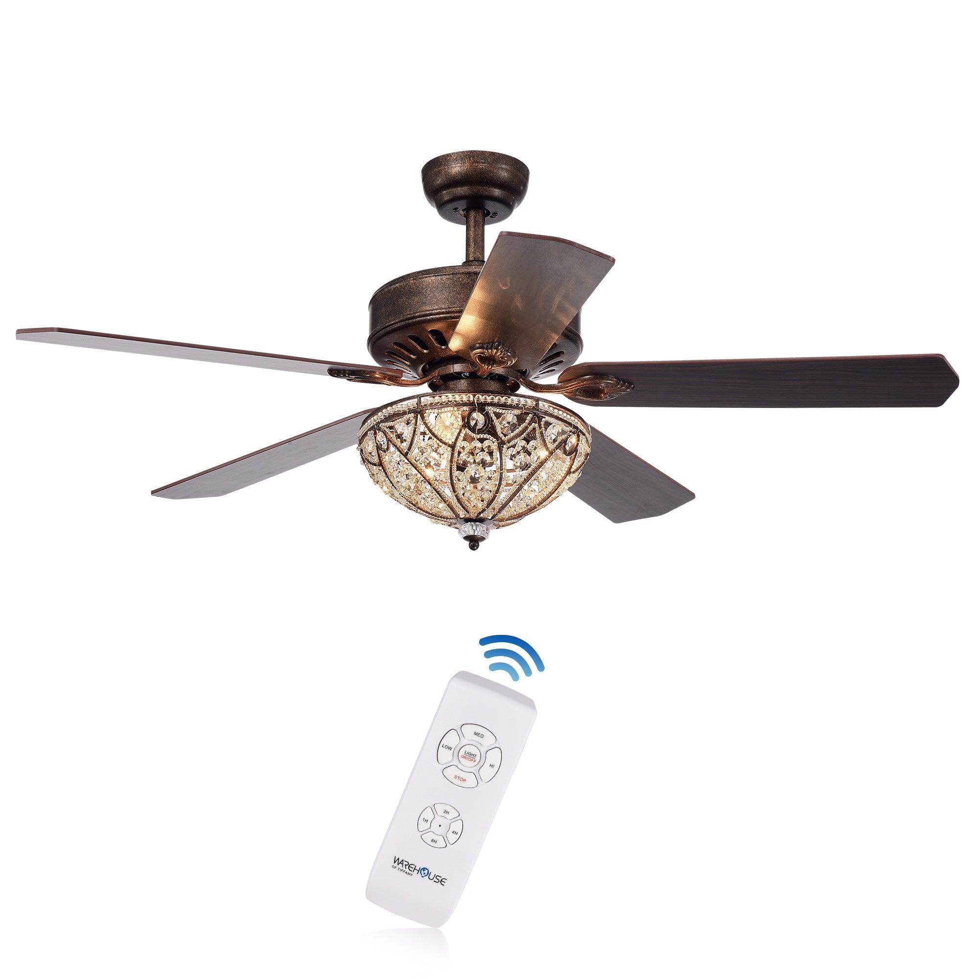 Ventilatore da soffitto Gliska Rustic Bronze a 5 pale con paralume in cristallo e illuminazione