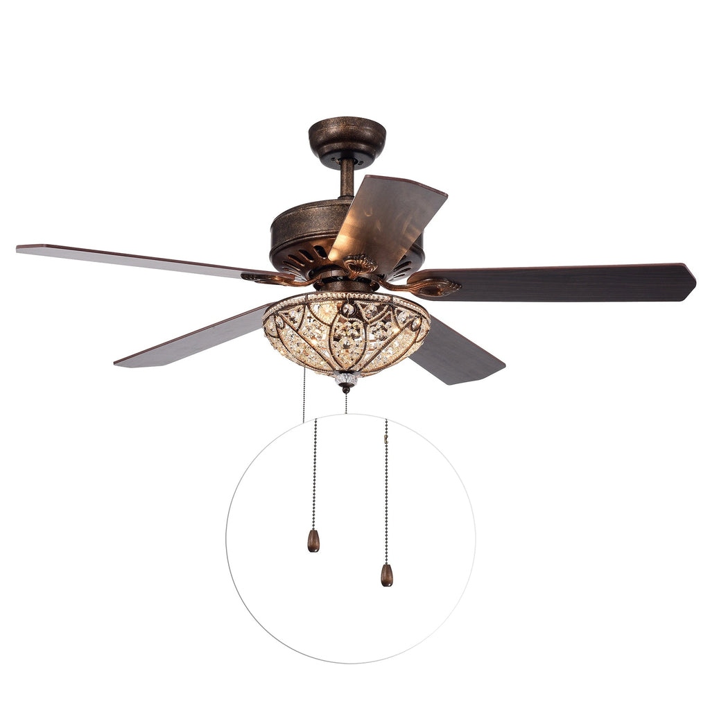 Ventilatore da soffitto Gliska Rustic Bronze a 5 pale con paralume in cristallo e illuminazione