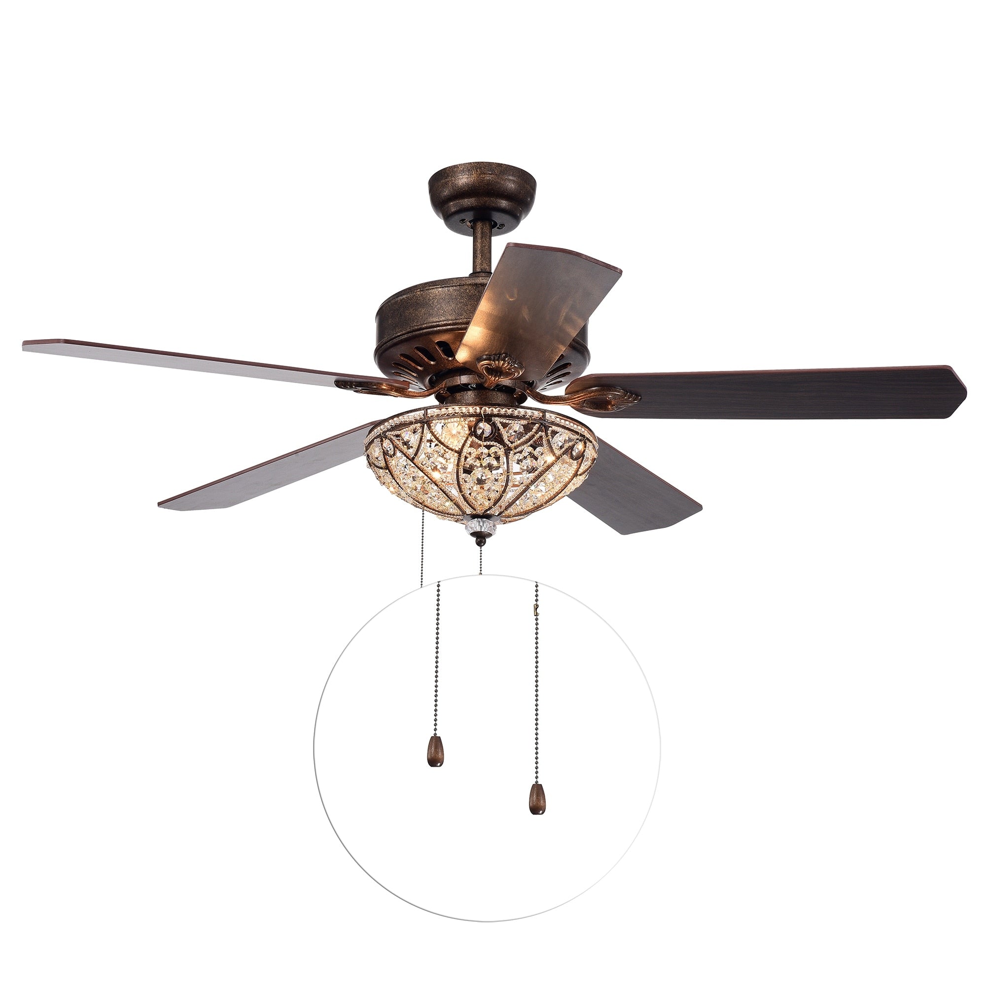 Ventilatore da soffitto Gliska Rustic Bronze a 5 pale con paralume in cristallo e illuminazione