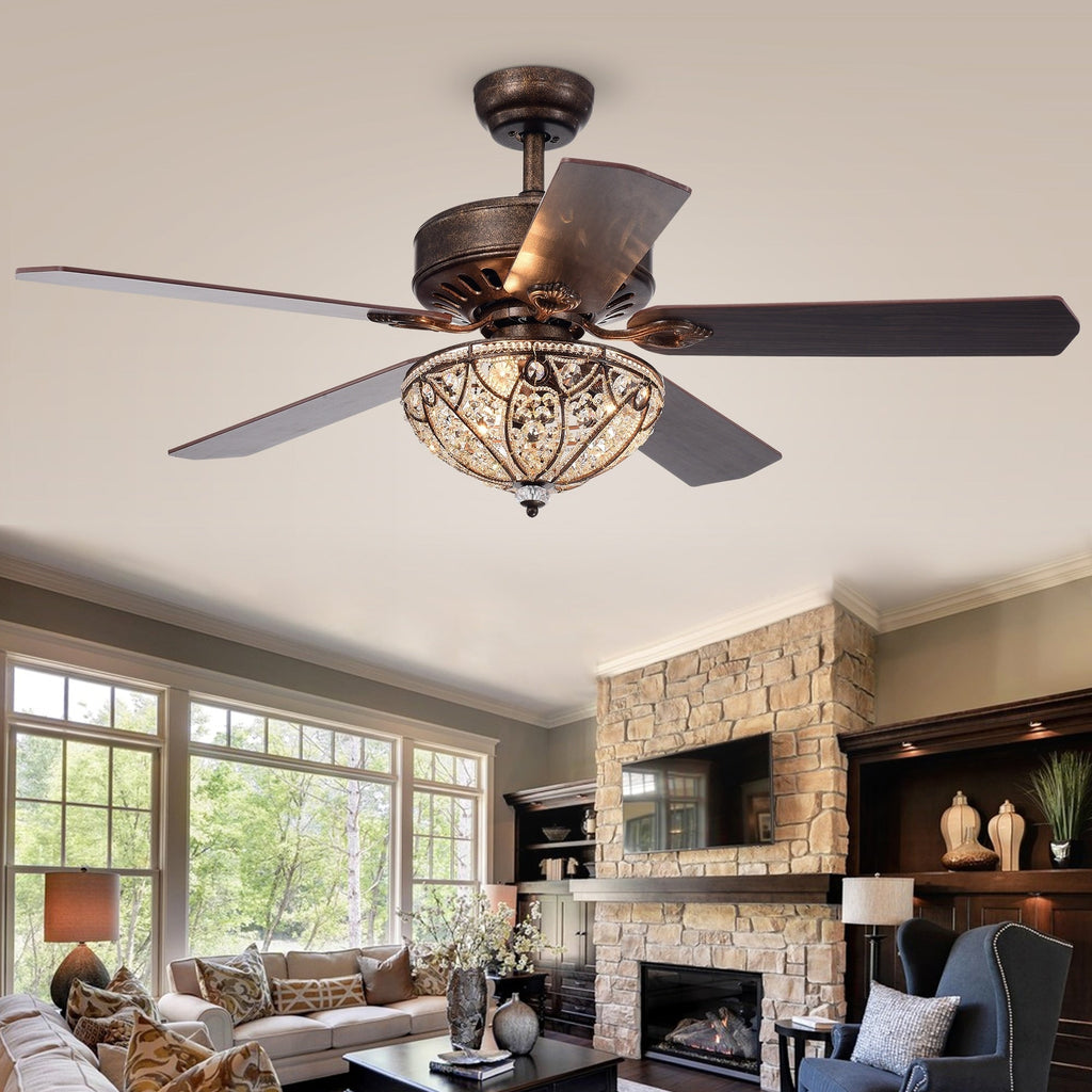 Ventilatore da soffitto Gliska Rustic Bronze a 5 pale con paralume in cristallo e illuminazione