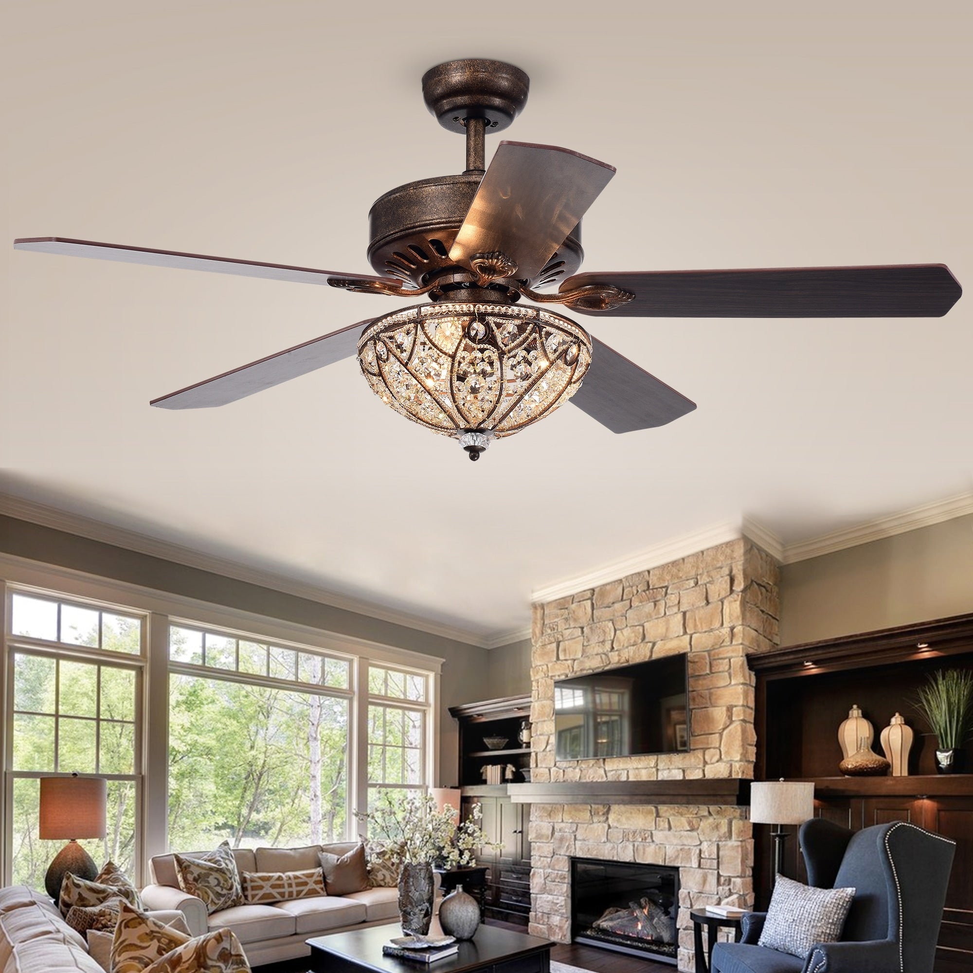 Ventilatore da soffitto Gliska Rustic Bronze a 5 pale con paralume in cristallo e illuminazione