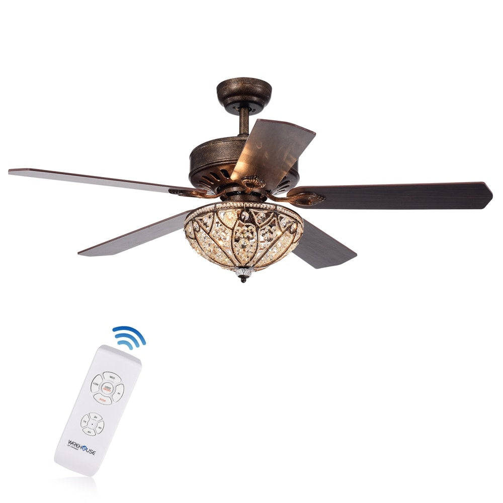 Ventilatore da soffitto Gliska Rustic Bronze a 5 pale con paralume in cristallo e illuminazione