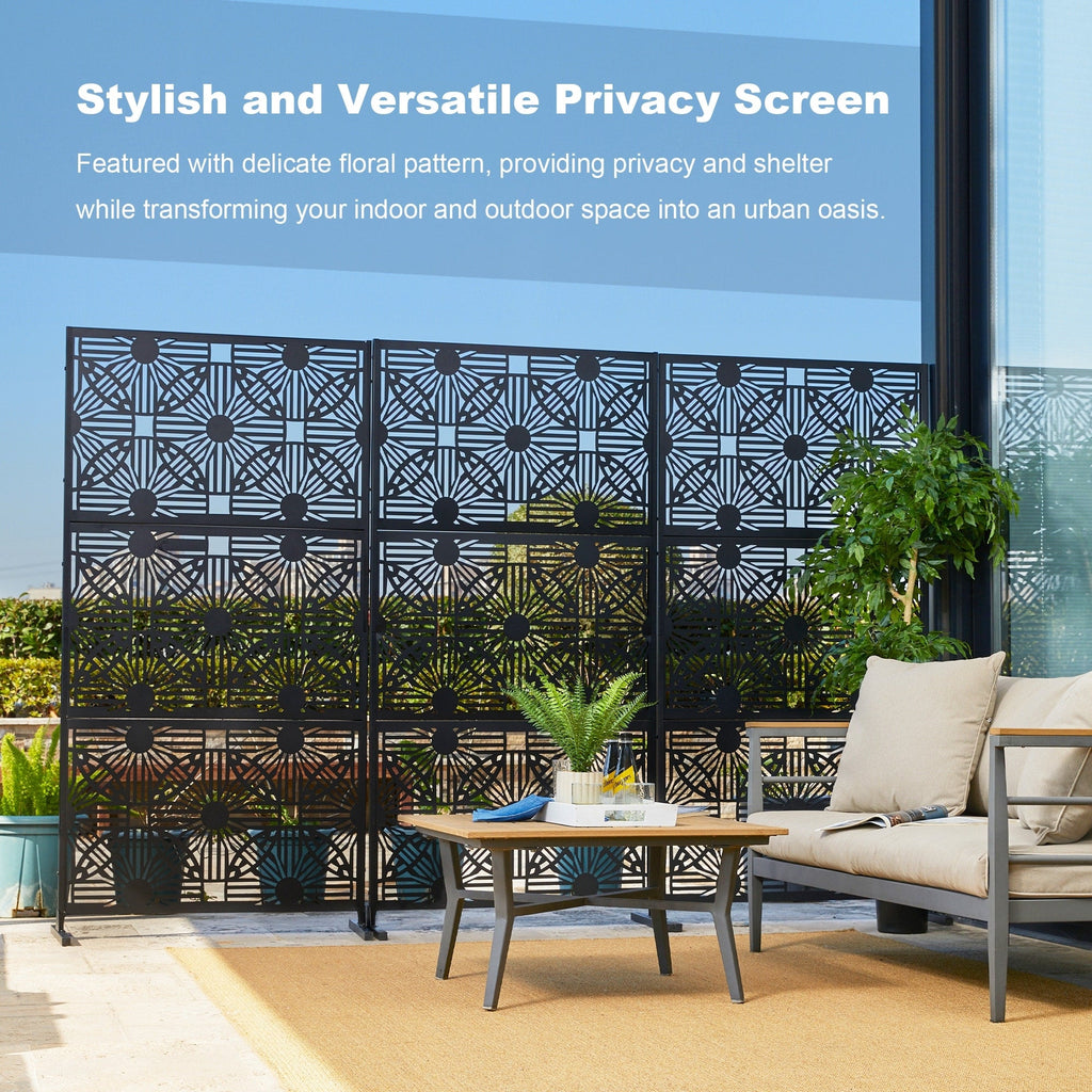 Glitzhome, recinzione divisoria per la privacy a 3 pannelli con motivo floreale zincato da 6 piedi