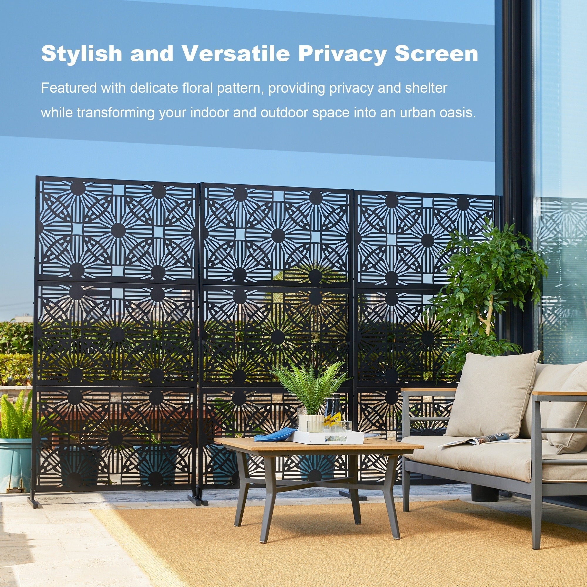 Glitzhome, recinzione divisoria per la privacy a 3 pannelli con motivo floreale zincato da 6 piedi