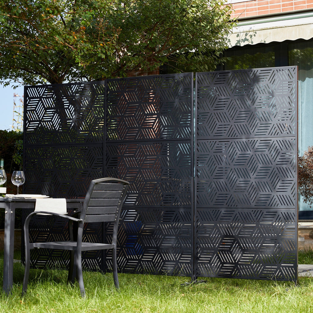 Glitzhome, recinzione divisoria per la privacy a 3 pannelli con motivo floreale zincato da 6 piedi