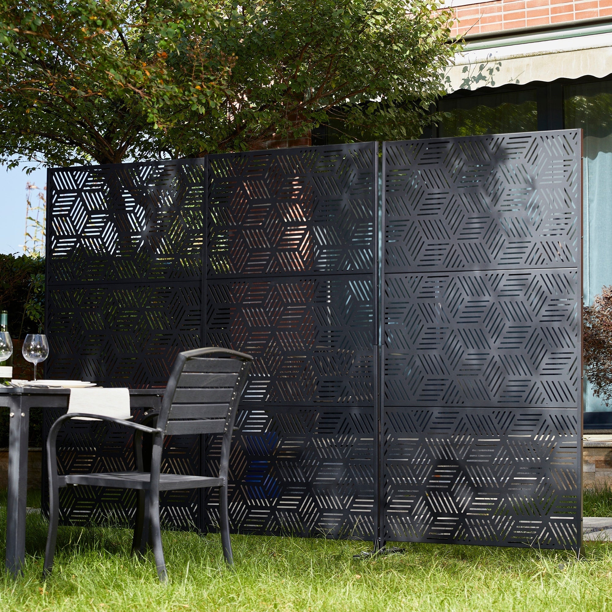 Glitzhome, recinzione divisoria per la privacy a 3 pannelli con motivo floreale zincato da 6 piedi