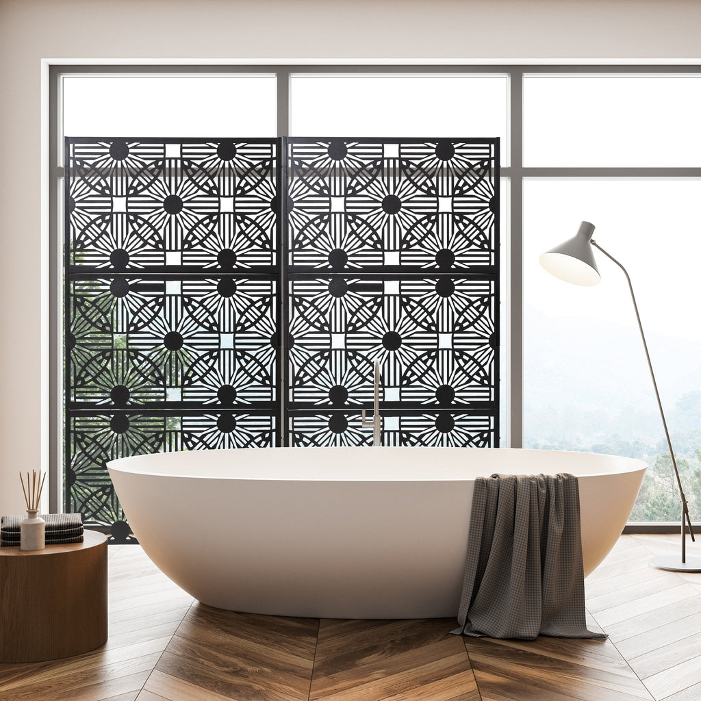 Glitzhome, recinzione divisoria per la privacy a 3 pannelli con motivo floreale zincato da 6 piedi