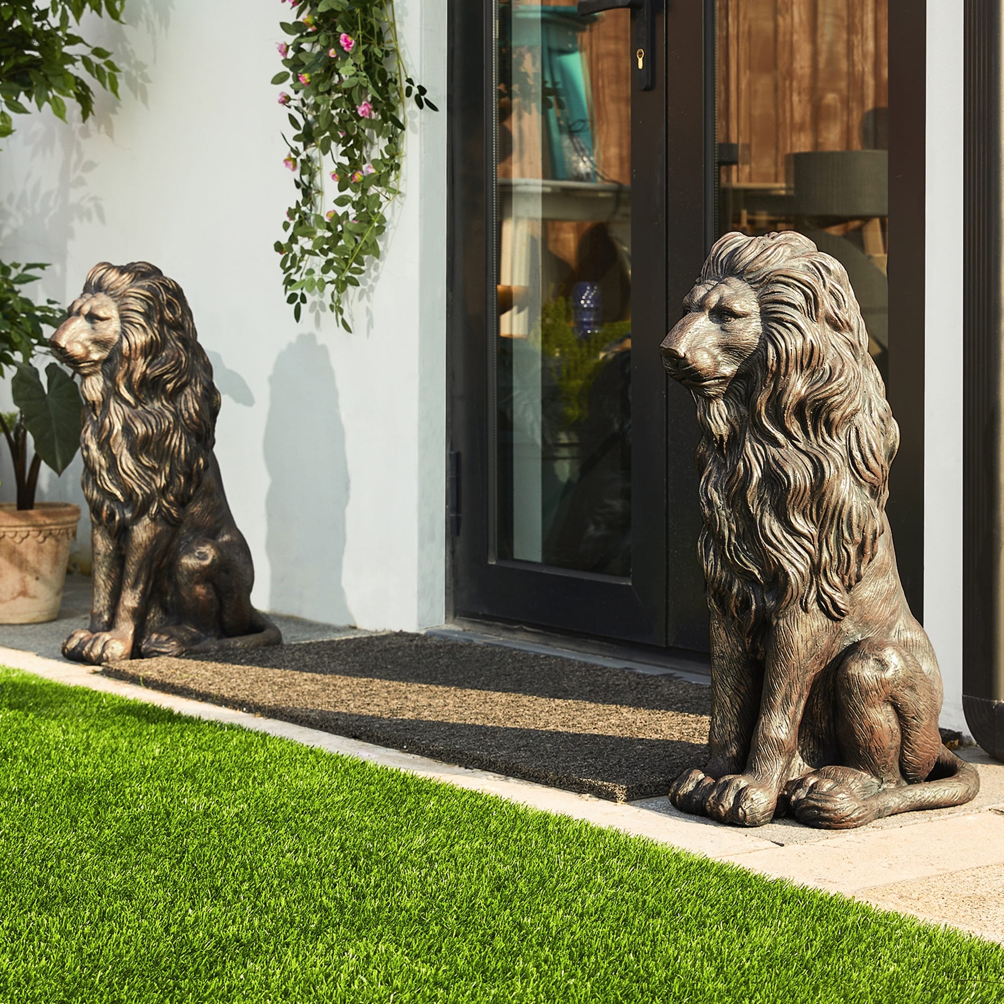 Glitzhome MGO Majestic Statue di Leone Guardiano Seduto per Portico, Scultura, Set da 2 per Esterni e Interni