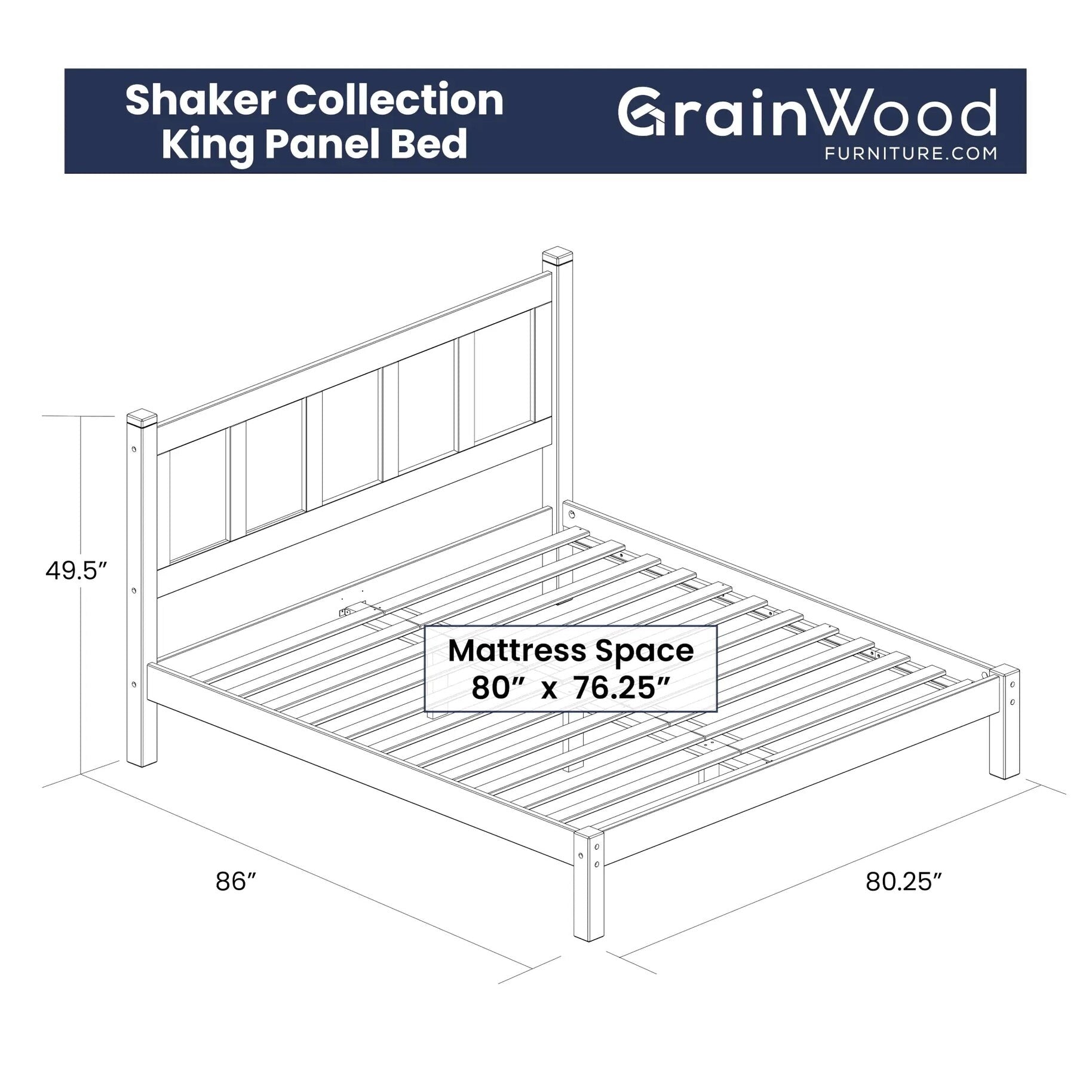 Letto a piattaforma con pannello in legno massello Shaker Grain Wood Furniture
