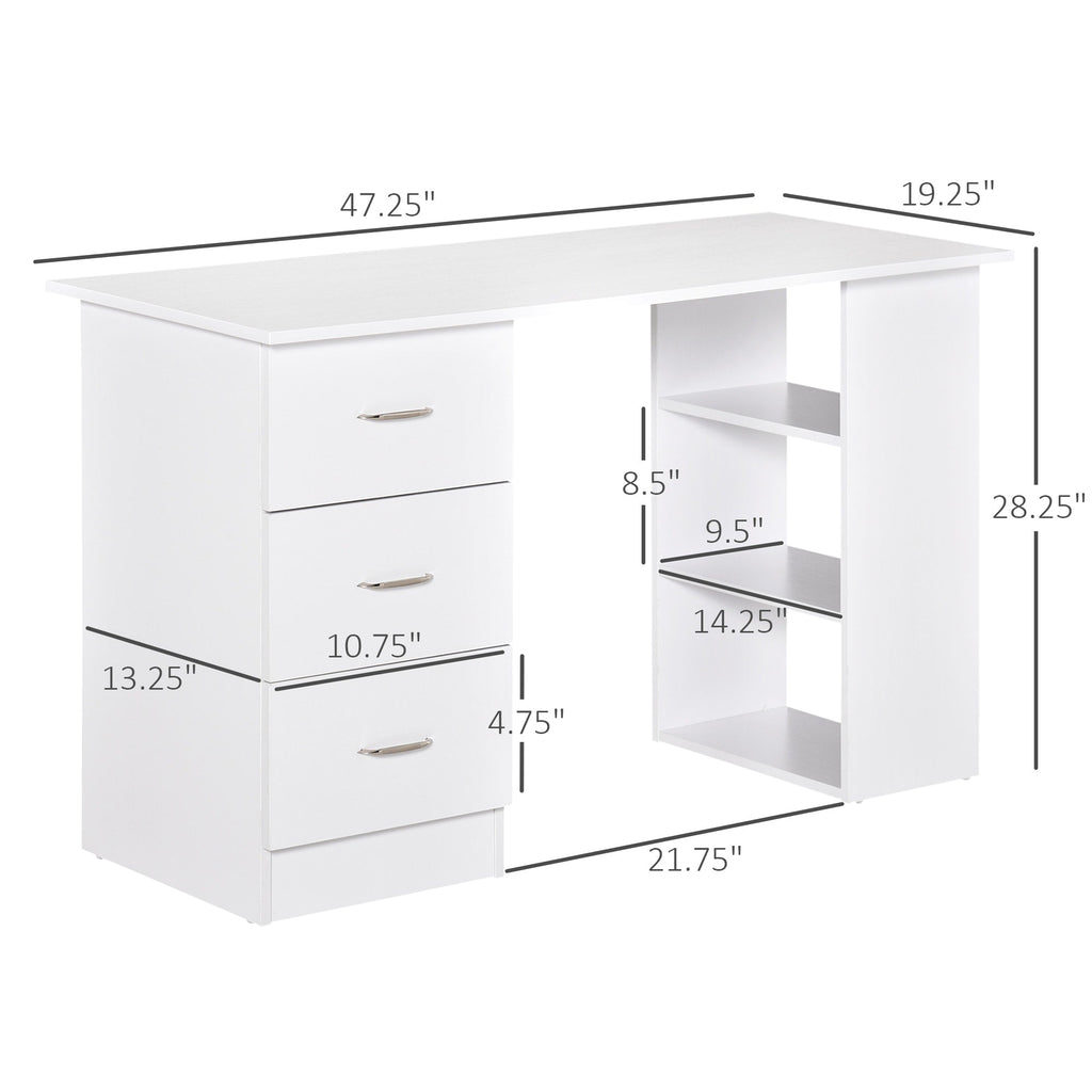 HOMCOM 47 Scrivania per computer moderna per ufficio domestico, libreria, scrivania, postazione di lavoro con 3 cassetti e ripiano portaoggetti, bianco