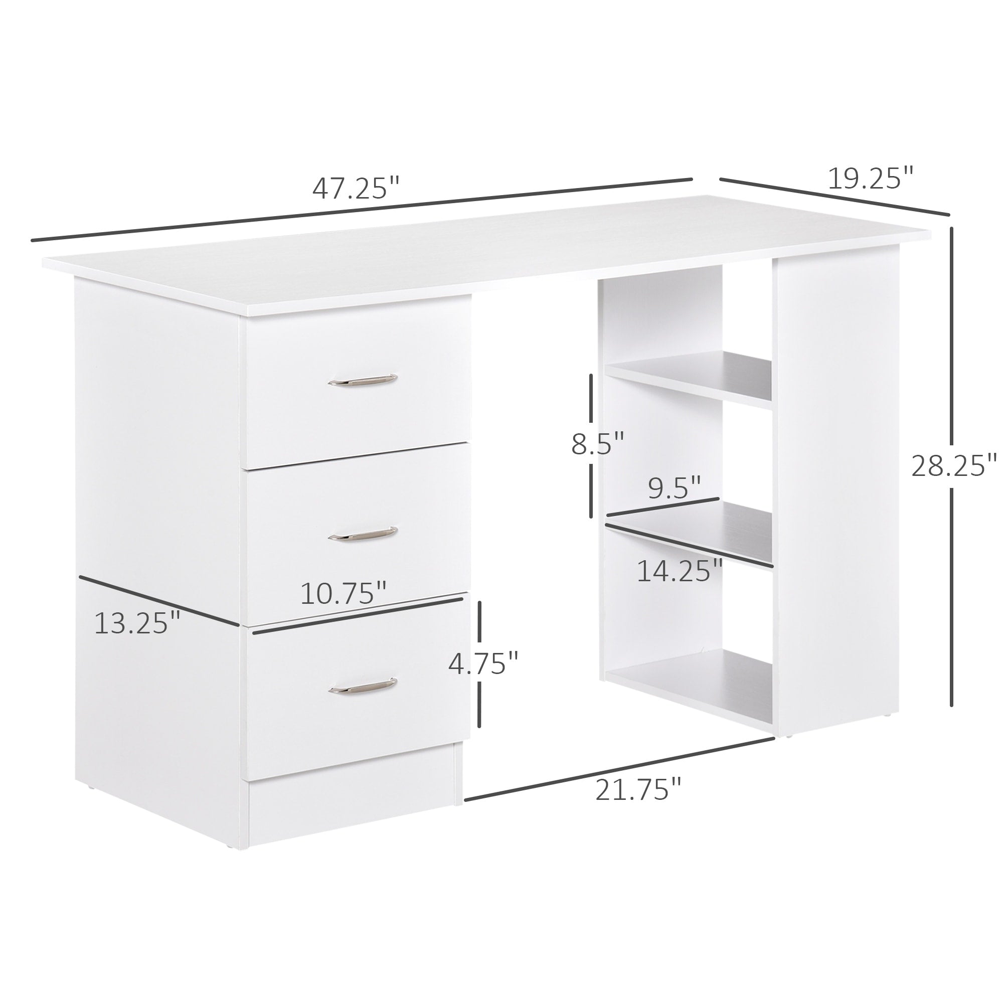 HOMCOM 47 Scrivania per computer moderna per ufficio domestico, libreria, scrivania, postazione di lavoro con 3 cassetti e ripiano portaoggetti, bianco