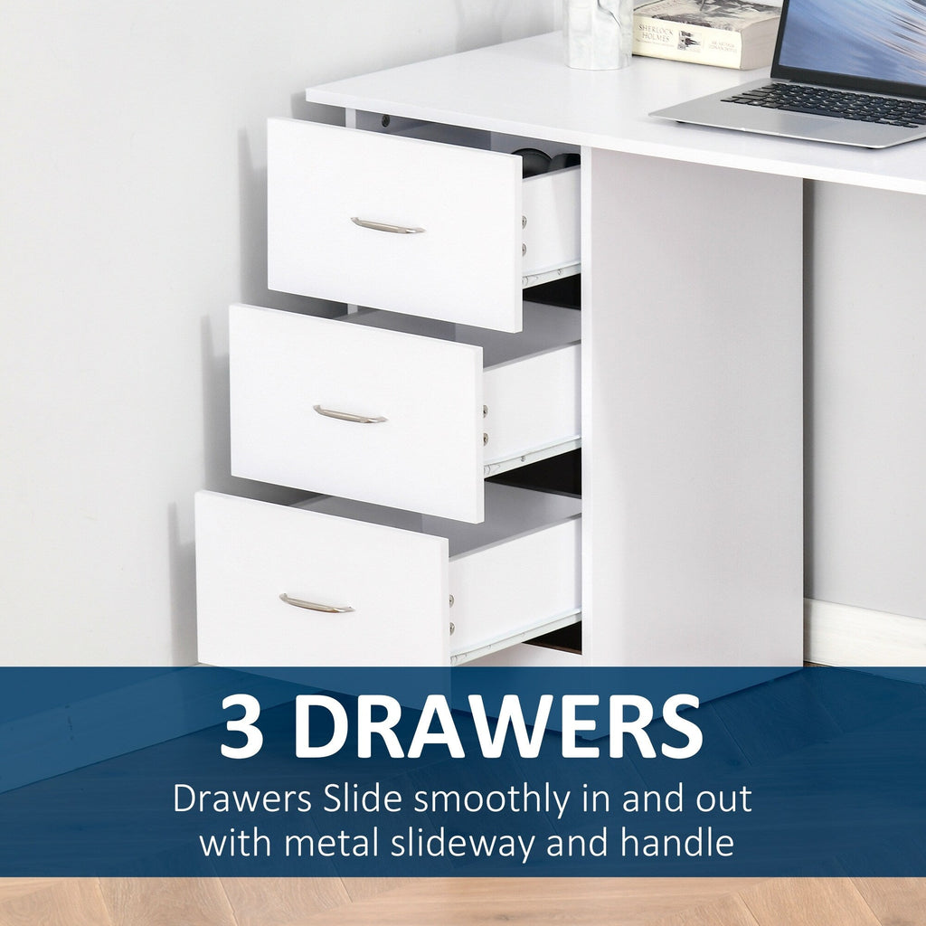 HOMCOM 47 Scrivania per computer moderna per ufficio domestico, libreria, scrivania, postazione di lavoro con 3 cassetti e ripiano portaoggetti, bianco