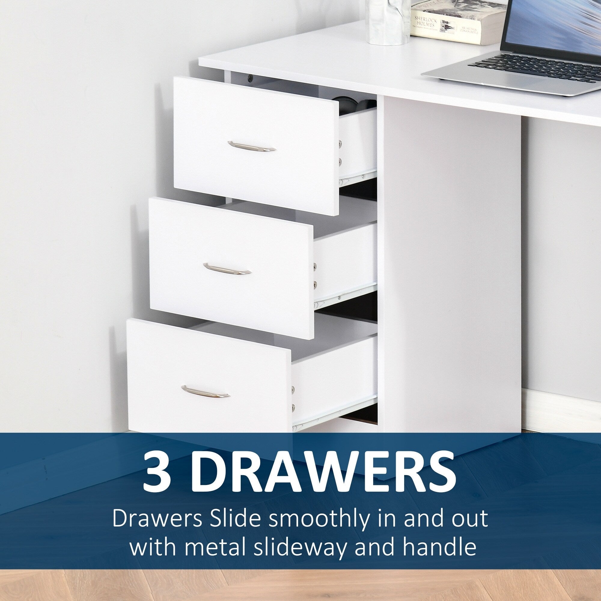 HOMCOM 47 Scrivania per computer moderna per ufficio domestico, libreria, scrivania, postazione di lavoro con 3 cassetti e ripiano portaoggetti, bianco