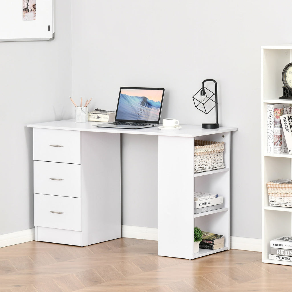 HOMCOM 47 Scrivania per computer moderna per ufficio domestico, libreria, scrivania, postazione di lavoro con 3 cassetti e ripiano portaoggetti, bianco