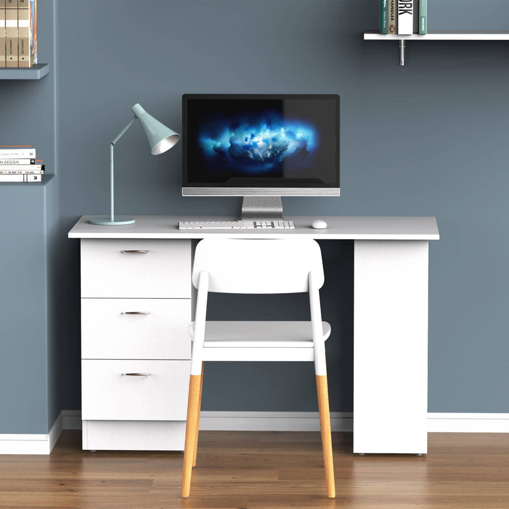 HOMCOM 47 Scrivania per computer moderna per ufficio domestico, libreria, scrivania, postazione di lavoro con 3 cassetti e ripiano portaoggetti, bianco