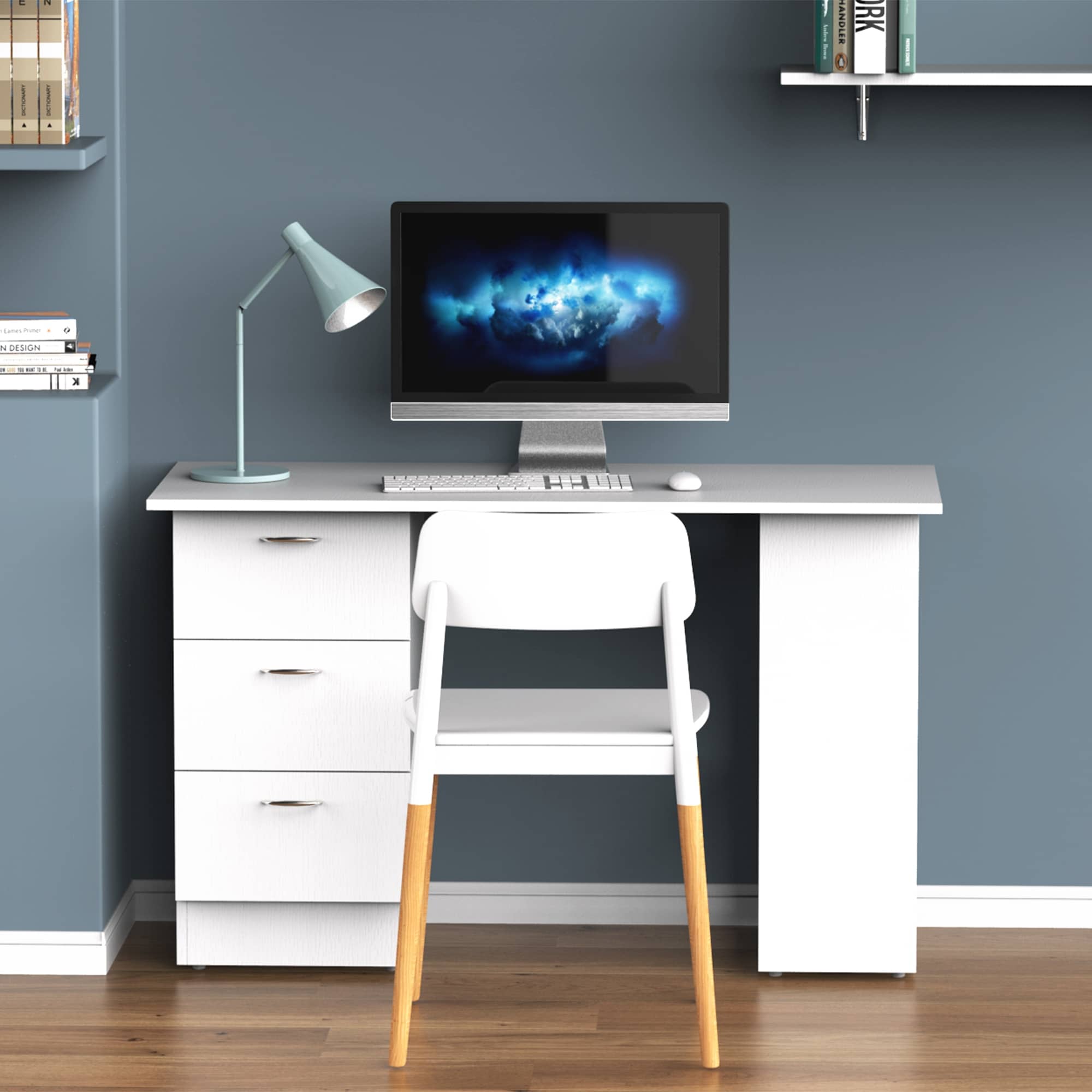 HOMCOM 47 Scrivania per computer moderna per ufficio domestico, libreria, scrivania, postazione di lavoro con 3 cassetti e ripiano portaoggetti, bianco