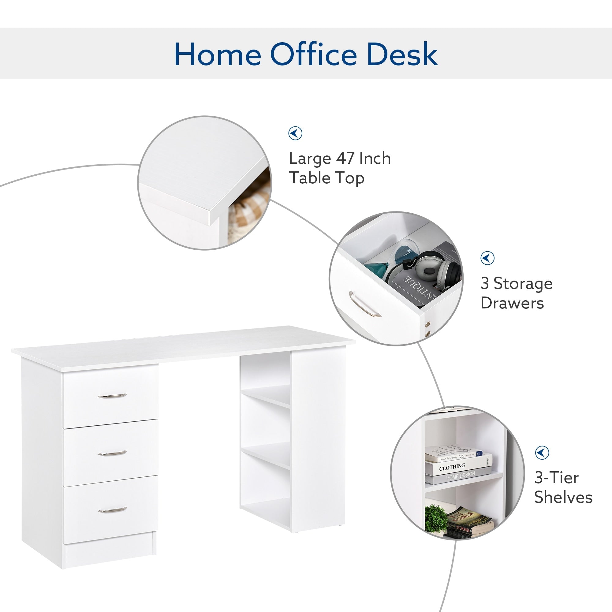 HOMCOM 47 Scrivania per computer moderna per ufficio domestico, libreria, scrivania, postazione di lavoro con 3 cassetti e ripiano portaoggetti, bianco