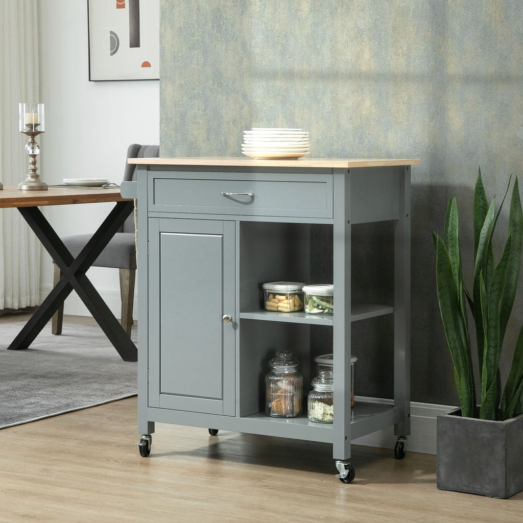 Carrello da cucina HOMCOM, carrello portaoggetti con piano in legno su ruote, ripiano aperto e cassetto portaoggetti per sala da pranzo, cucina