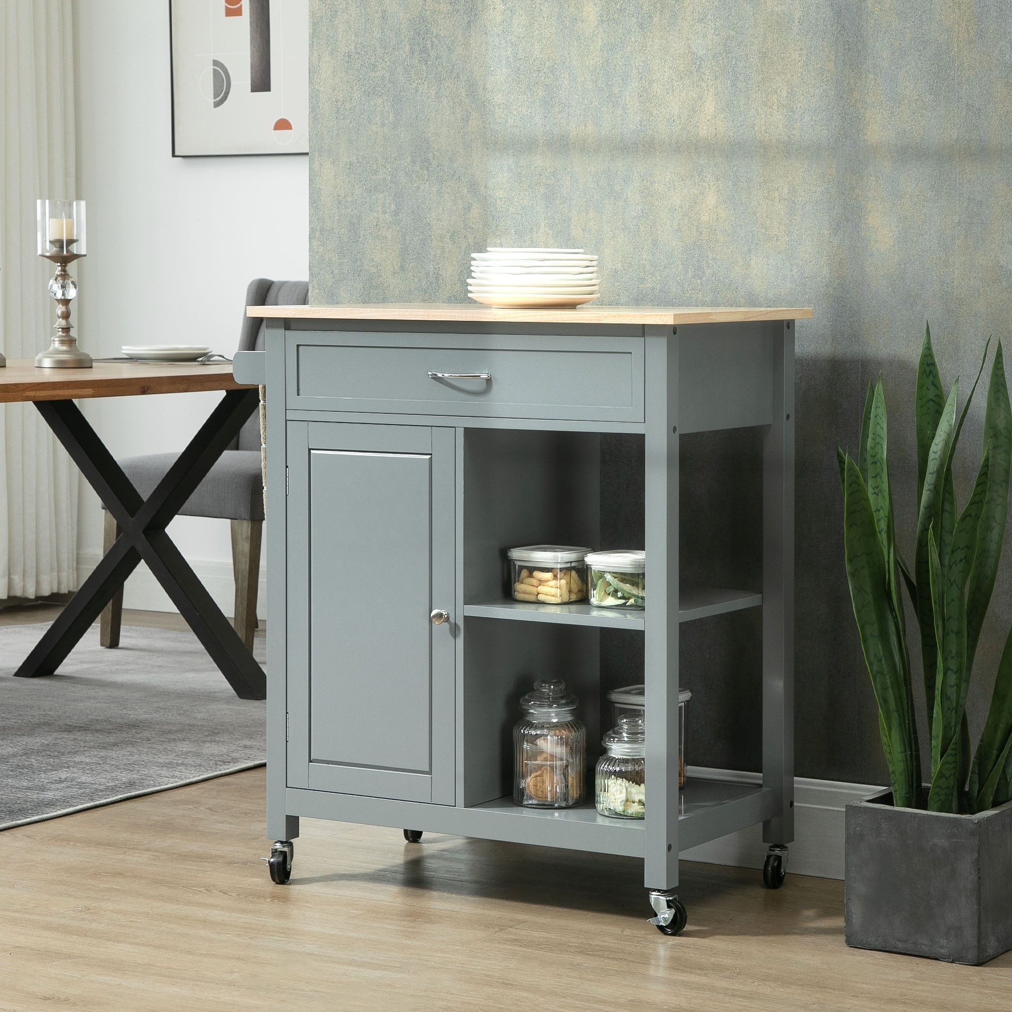 Carrello da cucina HOMCOM, carrello portaoggetti con piano in legno su ruote, ripiano aperto e cassetto portaoggetti per sala da pranzo, cucina