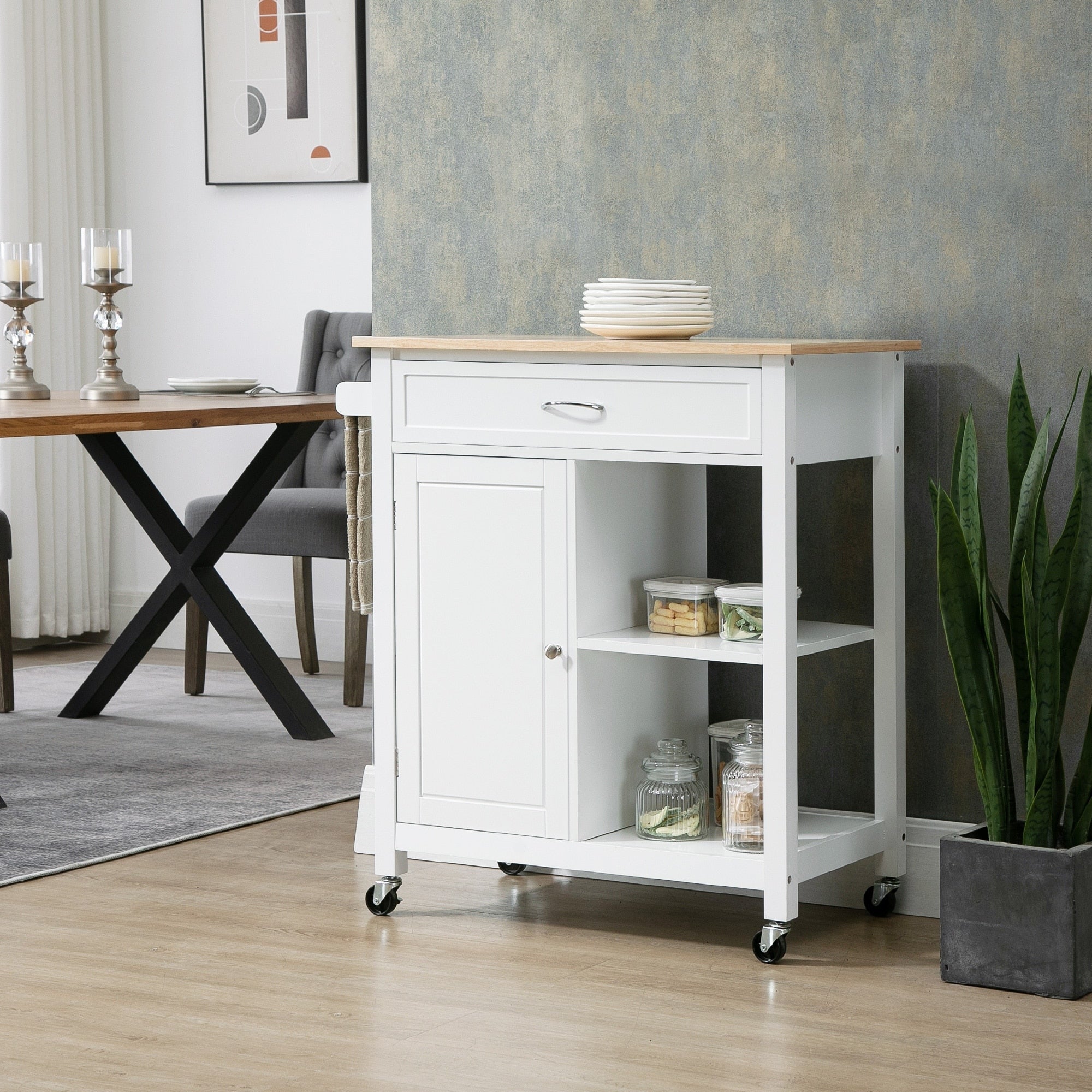 Carrello da cucina HOMCOM, carrello portaoggetti con piano in legno su ruote, ripiano aperto e cassetto portaoggetti per sala da pranzo, cucina