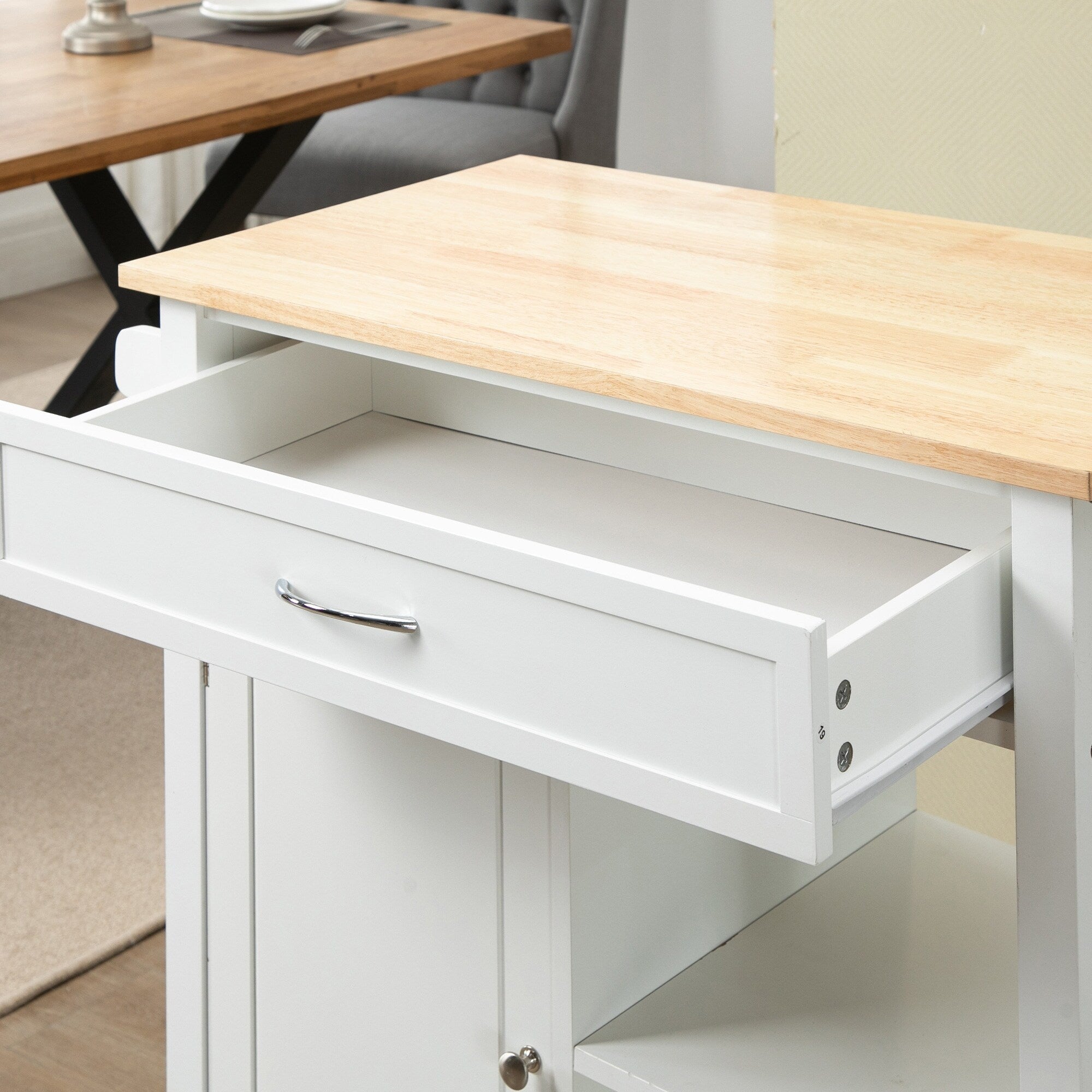 Carrello da cucina HOMCOM, carrello portaoggetti con piano in legno su ruote, ripiano aperto e cassetto portaoggetti per sala da pranzo, cucina