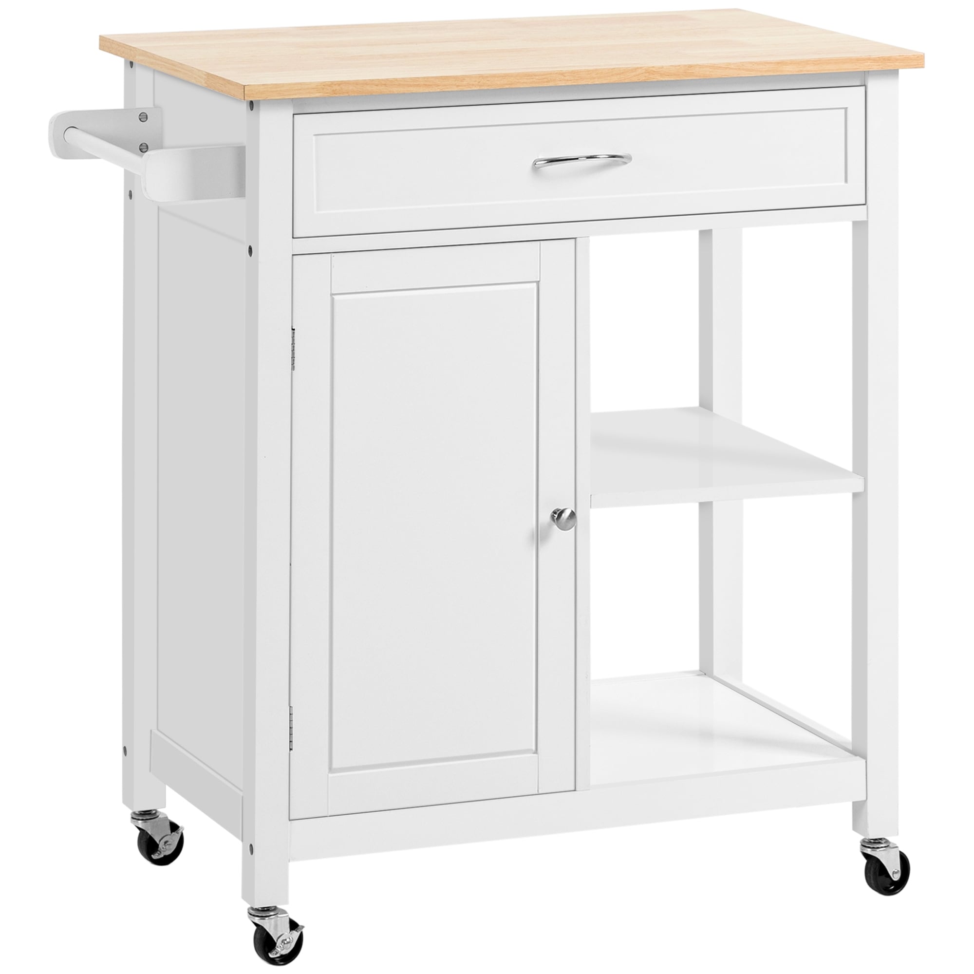Carrello da cucina HOMCOM, carrello portaoggetti con piano in legno su ruote, ripiano aperto e cassetto portaoggetti per sala da pranzo, cucina
