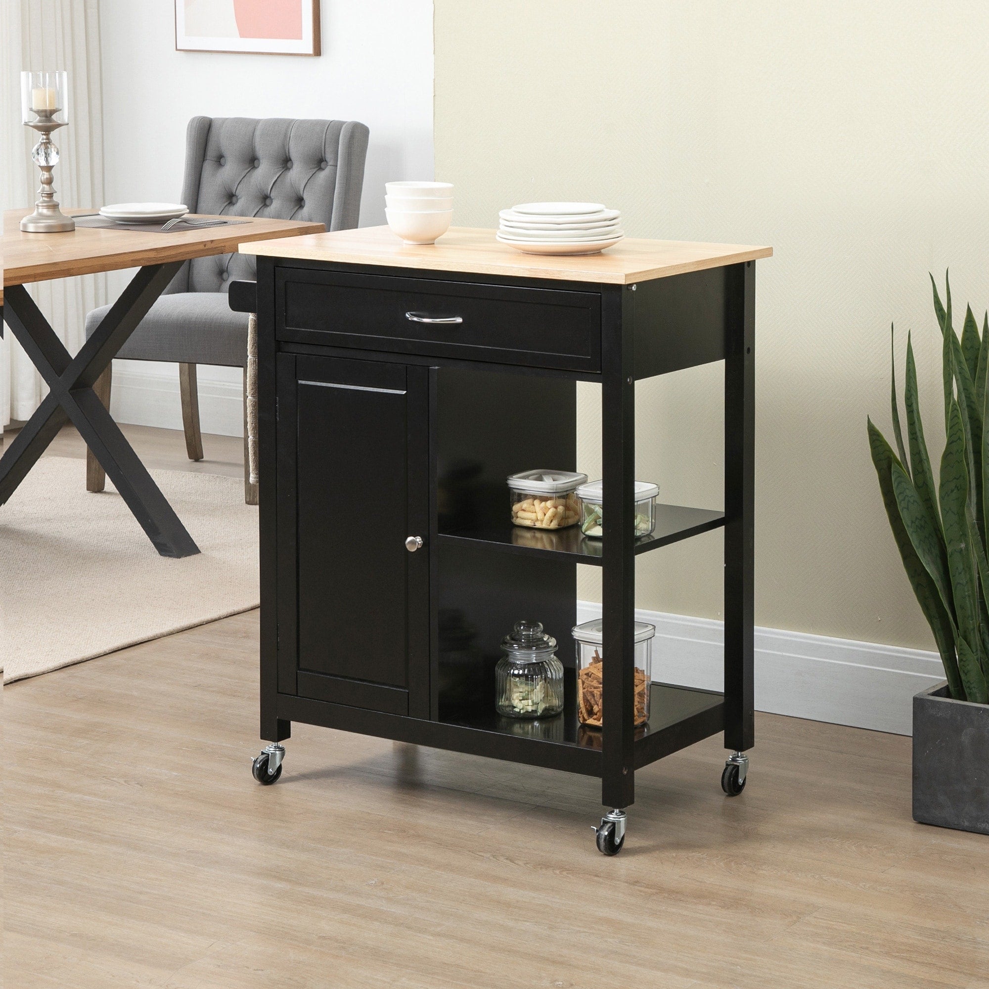 Carrello da cucina HOMCOM, carrello portaoggetti con piano in legno su ruote, ripiano aperto e cassetto portaoggetti per sala da pranzo, cucina