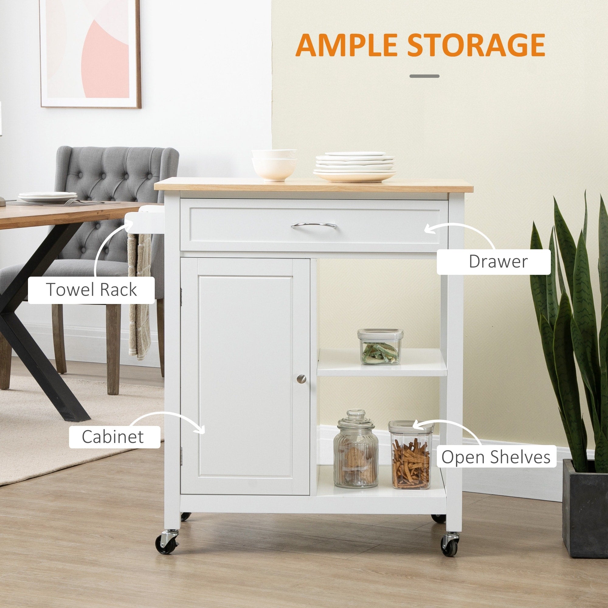 Carrello da cucina HOMCOM, carrello portaoggetti con piano in legno su ruote, ripiano aperto e cassetto portaoggetti per sala da pranzo, cucina