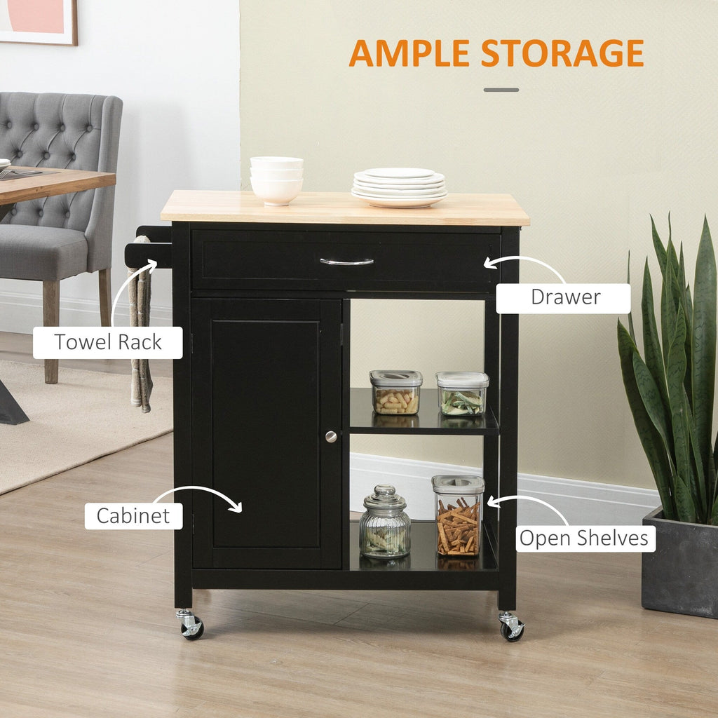 Carrello da cucina HOMCOM, carrello portaoggetti con piano in legno su ruote, ripiano aperto e cassetto portaoggetti per sala da pranzo, cucina