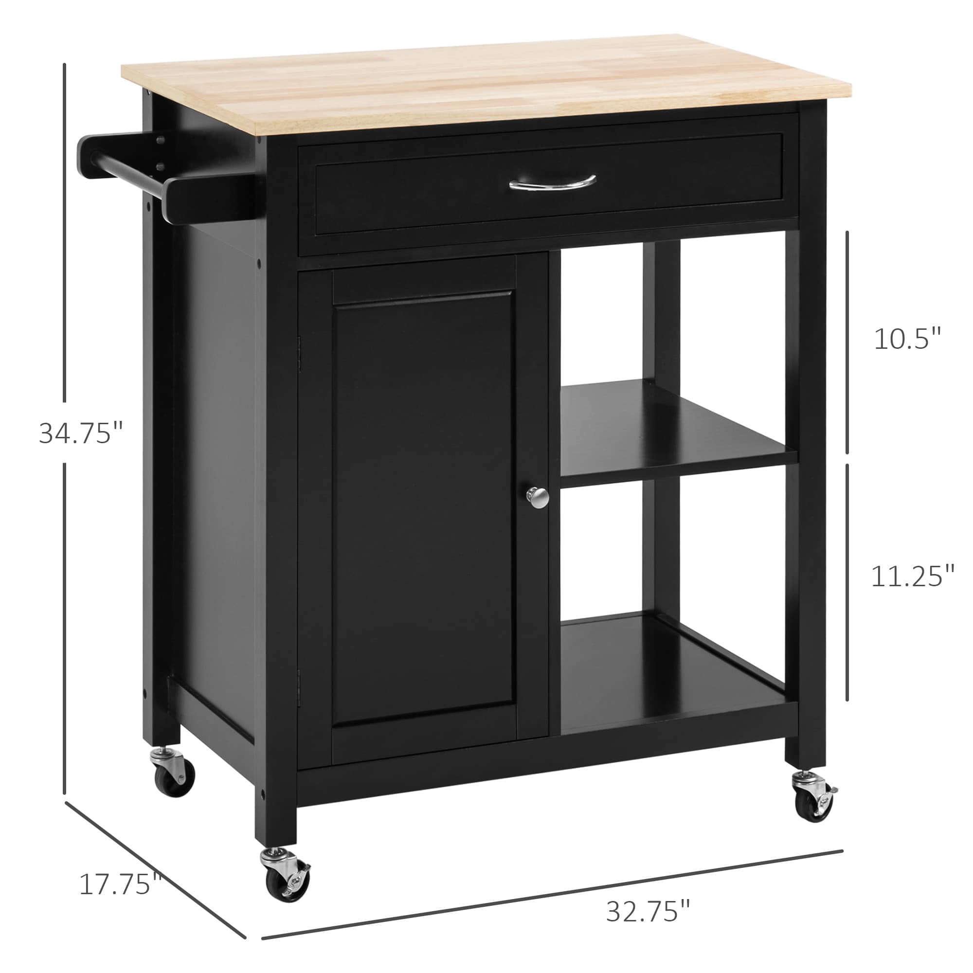 Carrello da cucina HOMCOM, carrello portaoggetti con piano in legno su ruote, ripiano aperto e cassetto portaoggetti per sala da pranzo, cucina