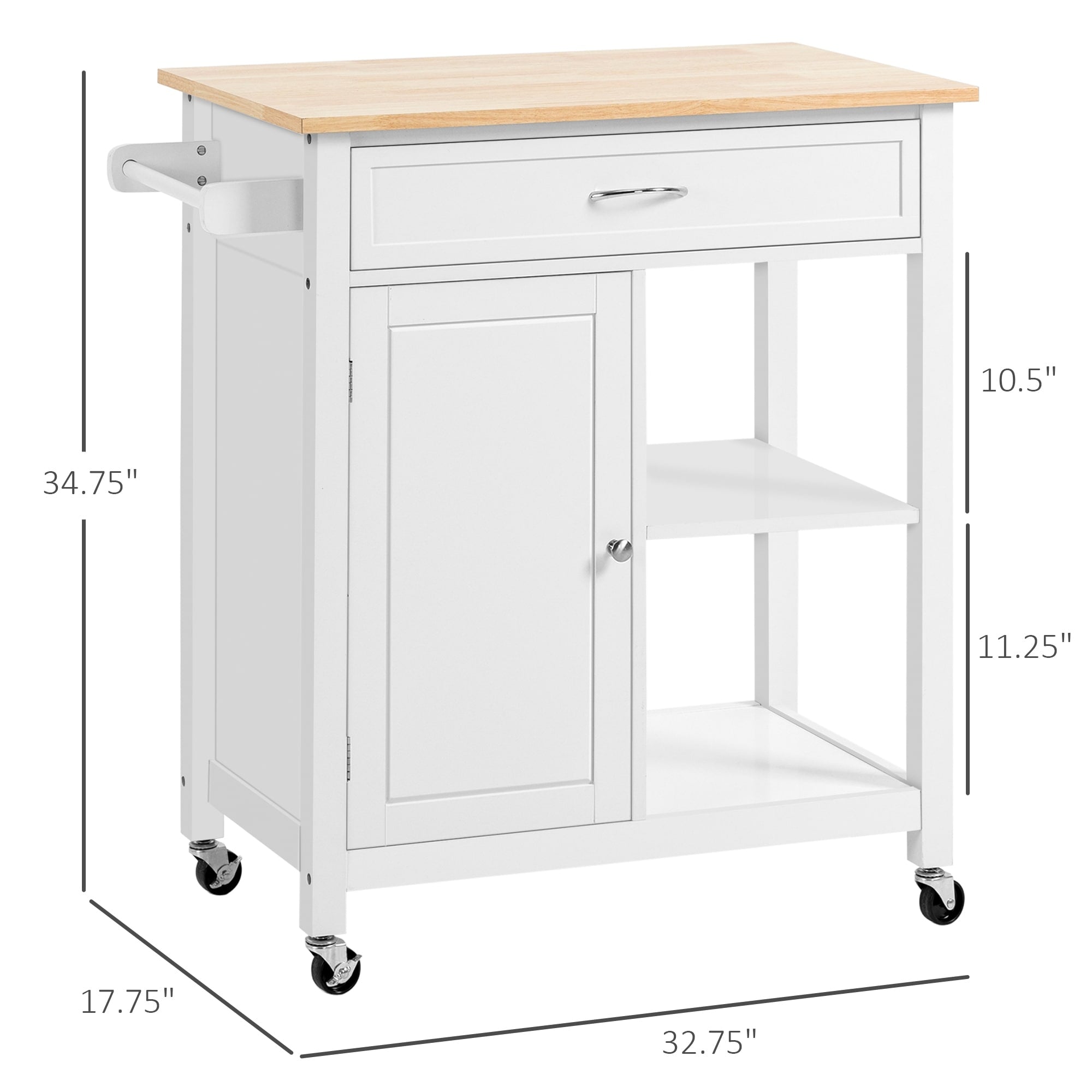 Carrello da cucina HOMCOM, carrello portaoggetti con piano in legno su ruote, ripiano aperto e cassetto portaoggetti per sala da pranzo, cucina
