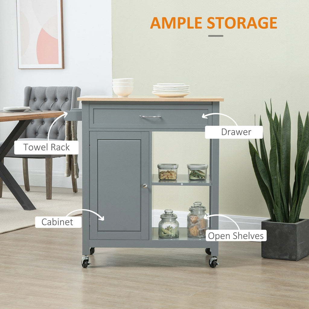Carrello da cucina HOMCOM, carrello portaoggetti con piano in legno su ruote, ripiano aperto e cassetto portaoggetti per sala da pranzo, cucina