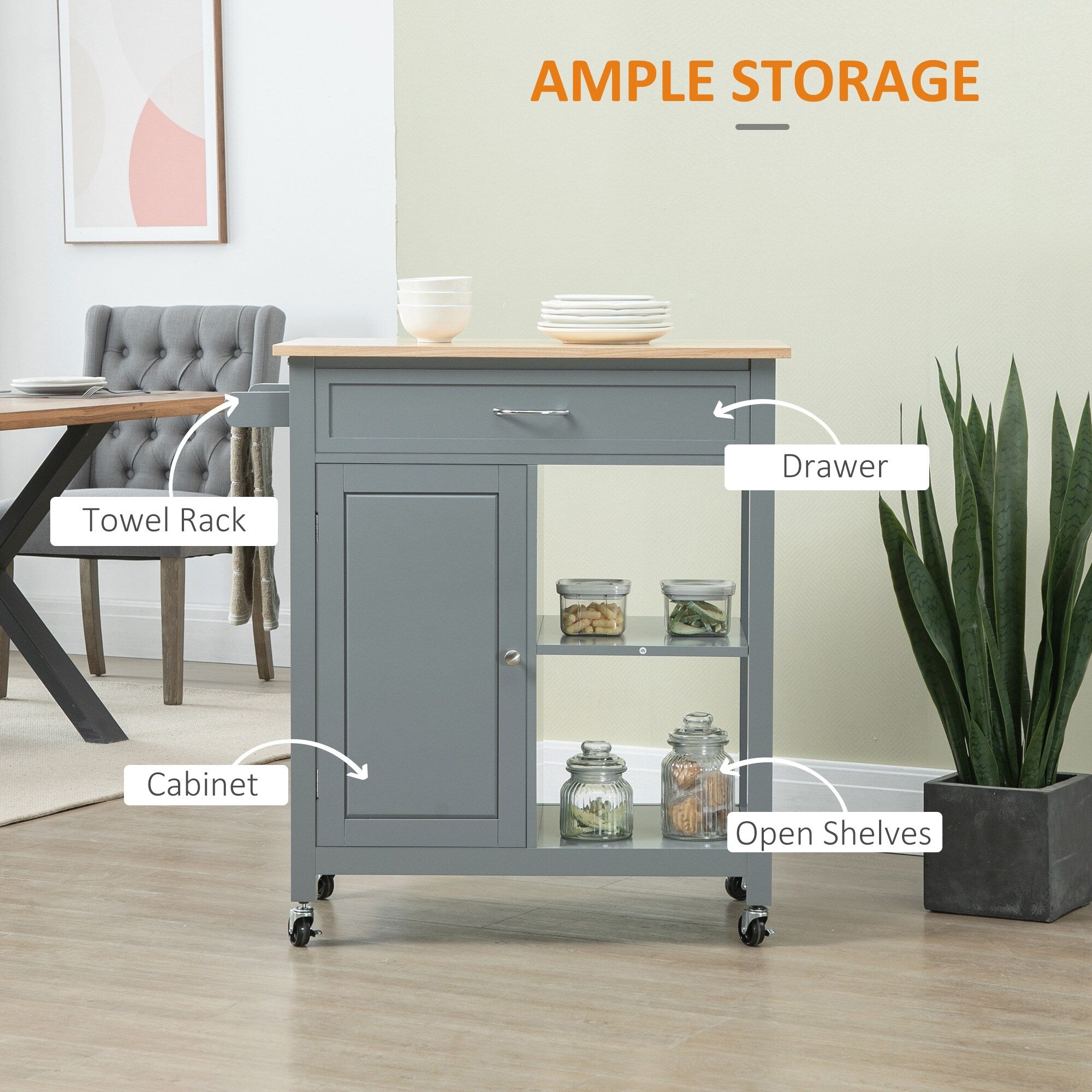 Carrello da cucina HOMCOM, carrello portaoggetti con piano in legno su ruote, ripiano aperto e cassetto portaoggetti per sala da pranzo, cucina