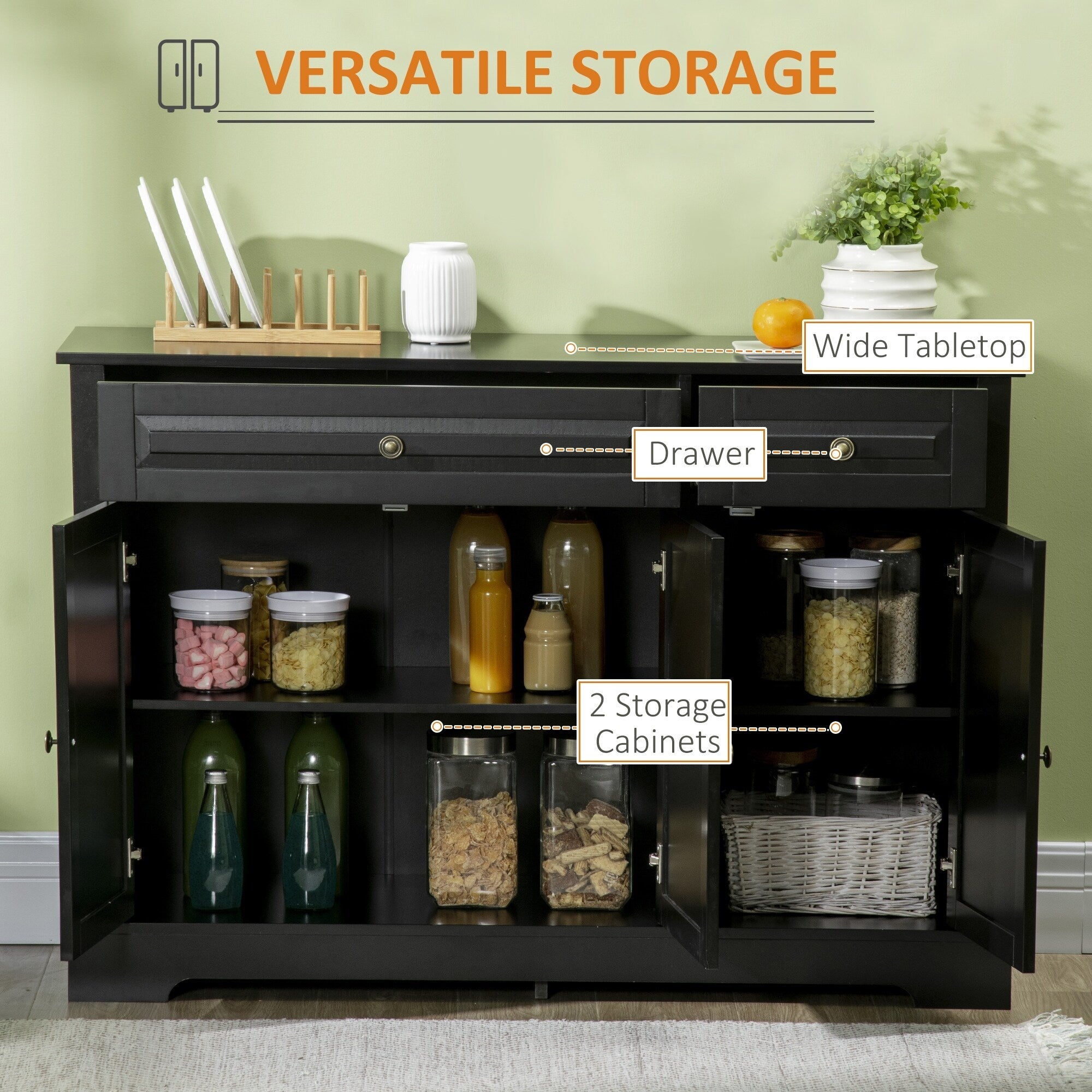 HOMCOM Credenza moderna con armadietti, 2 cassetti e ripiani regolabili, nero