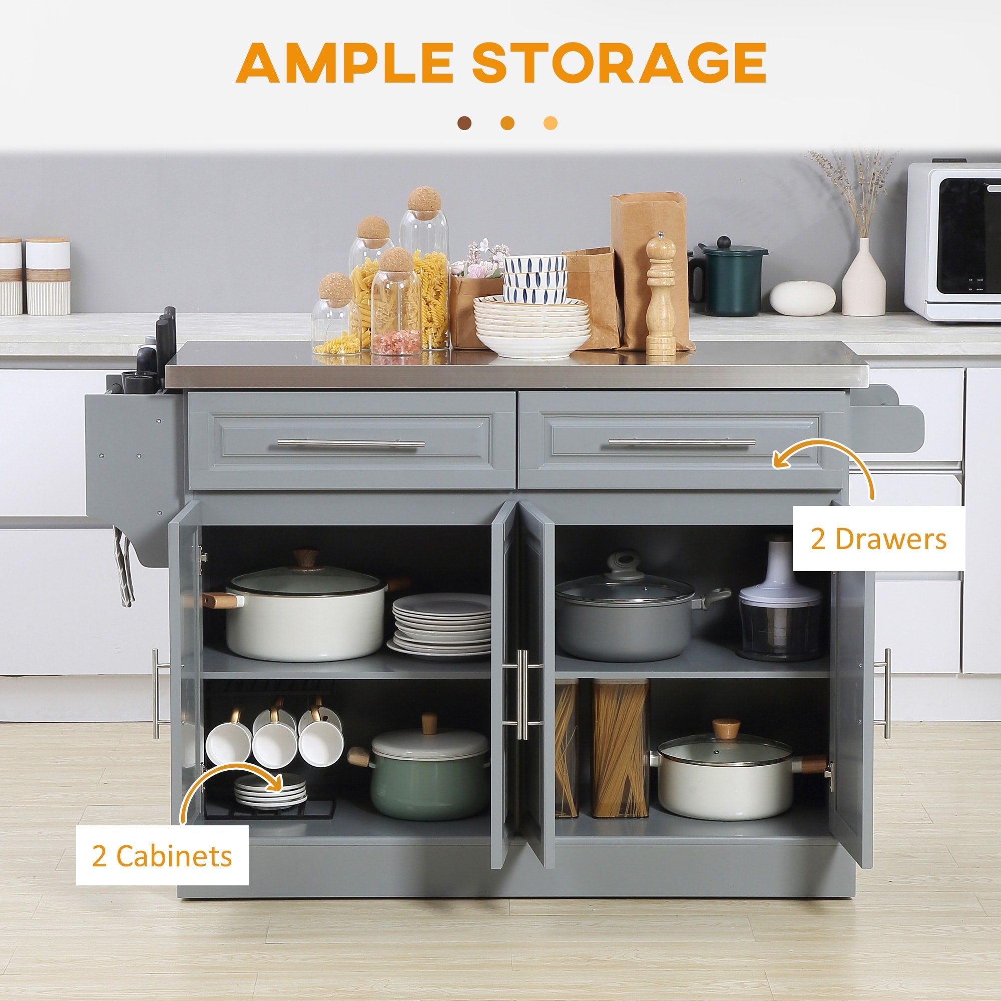 HOMCOM Isola da cucina mobile con contenitore, carrello da cucina portatile con piano in acciaio inox, grigio - N/D