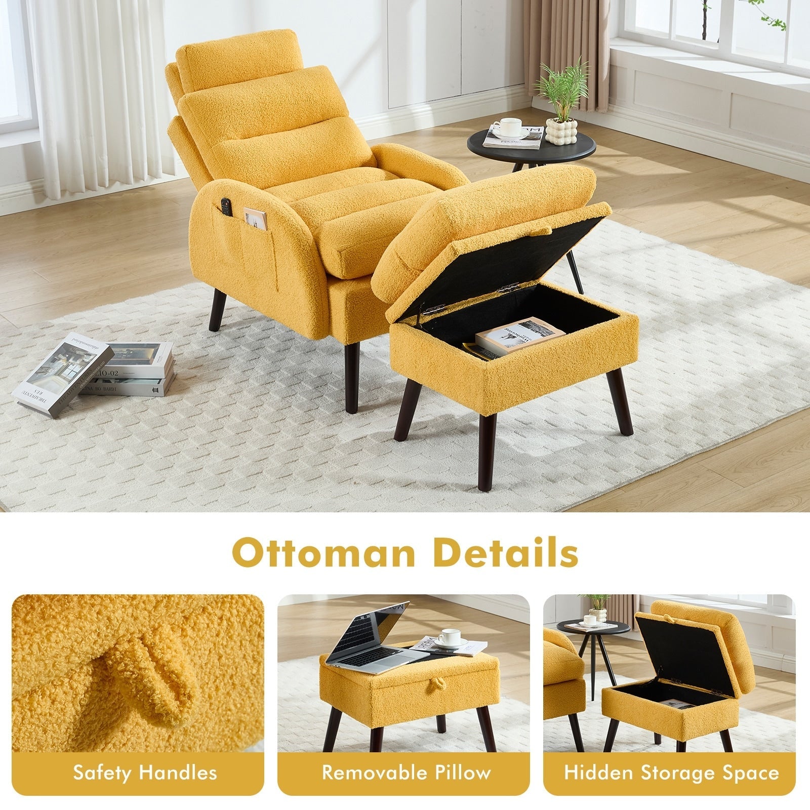 Poltrona lounge HOMYKA con schienale regolabile e pouf contenitore