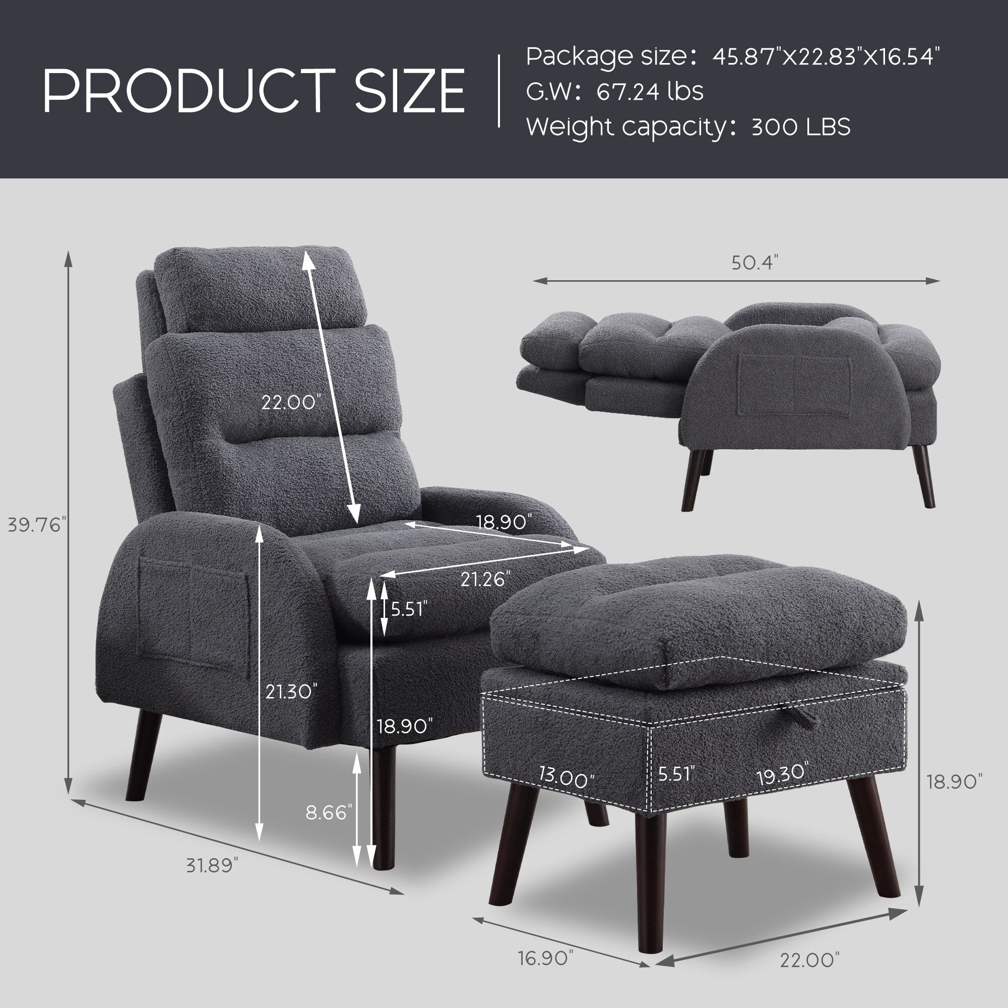 Poltrona lounge HOMYKA con schienale regolabile e pouf contenitore