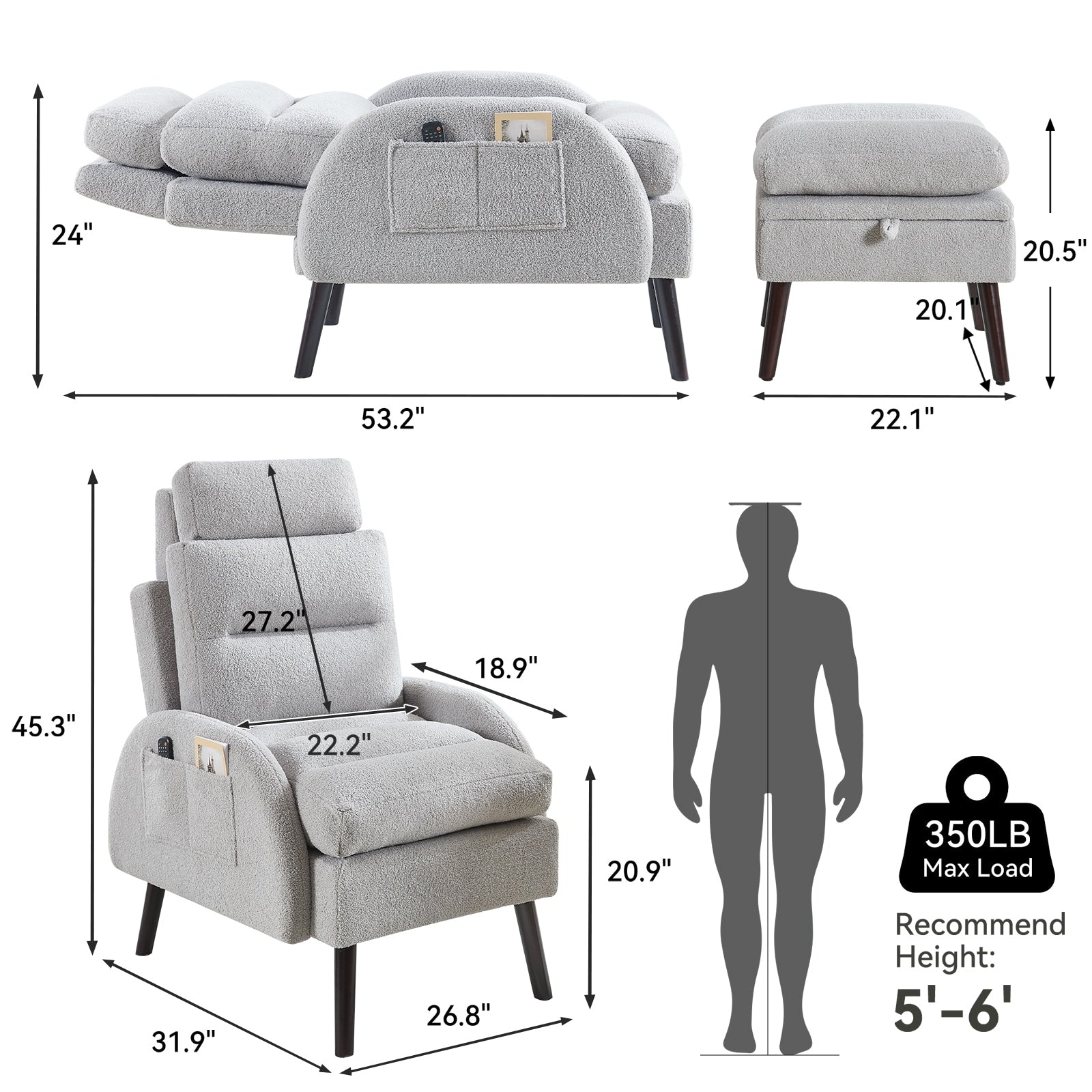 Poltrona lounge HOMYKA con schienale regolabile e pouf contenitore