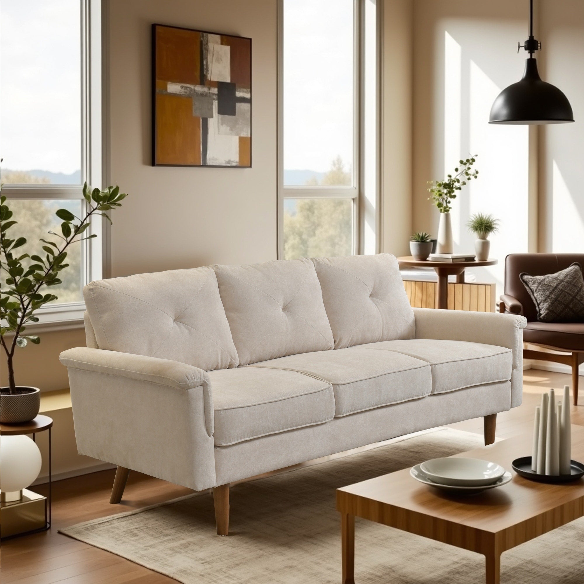 Divano imbottito HOOOWOOO Mid-Century a 3 posti con gambe in legno per soggiorno