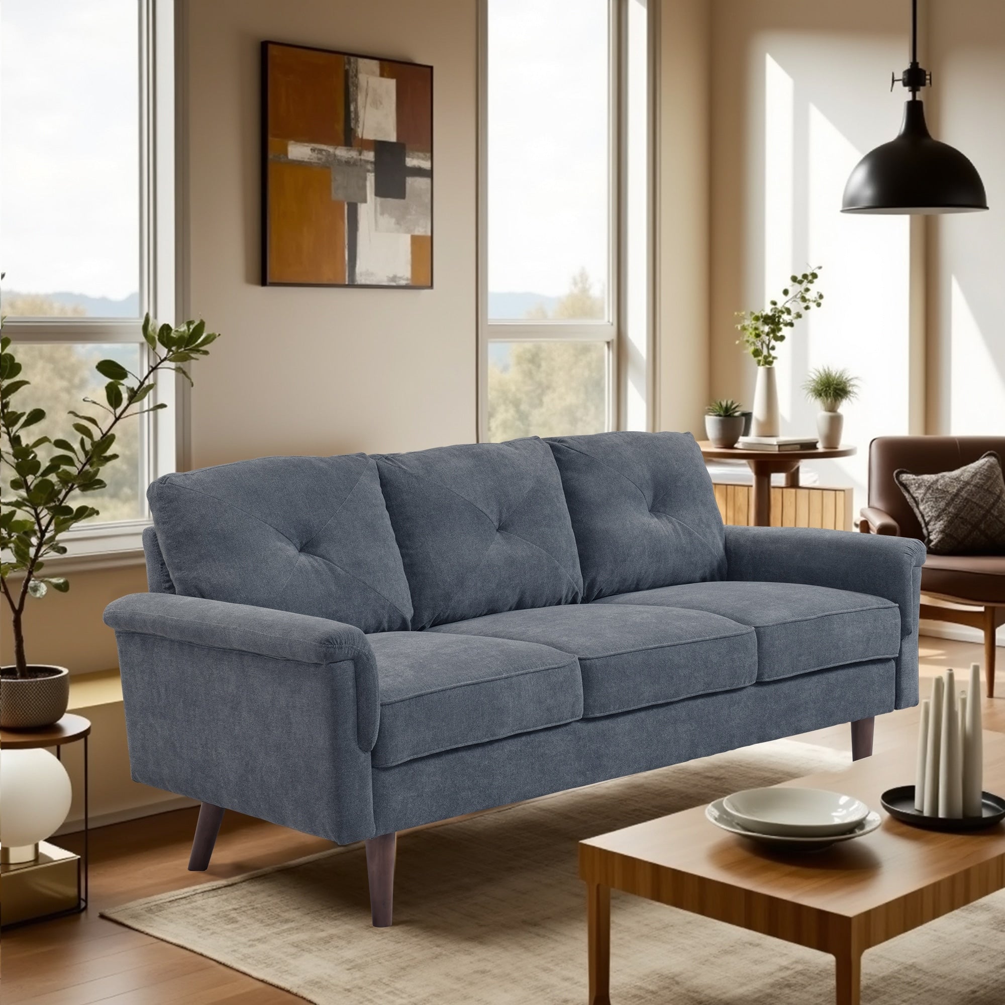 Divano imbottito HOOOWOOO Mid-Century a 3 posti con gambe in legno per soggiorno