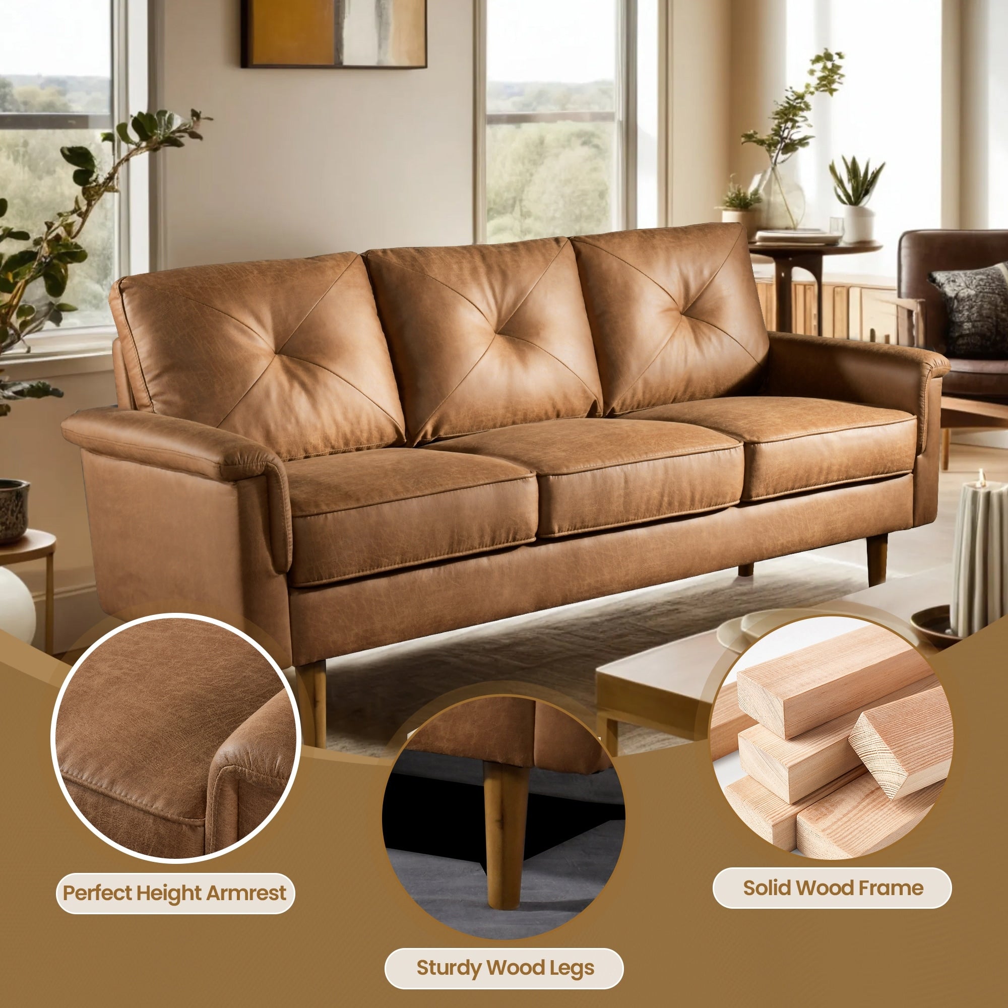 Divano imbottito HOOOWOOO Mid-Century a 3 posti con gambe in legno per soggiorno