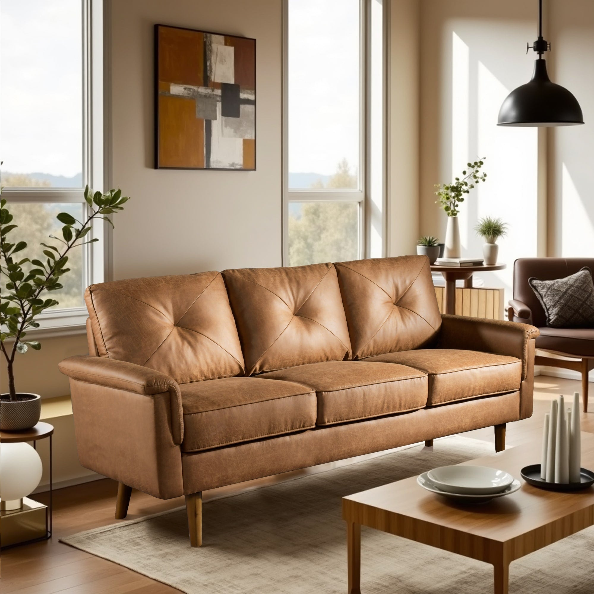 Divano imbottito HOOOWOOO Mid-Century a 3 posti con gambe in legno per soggiorno