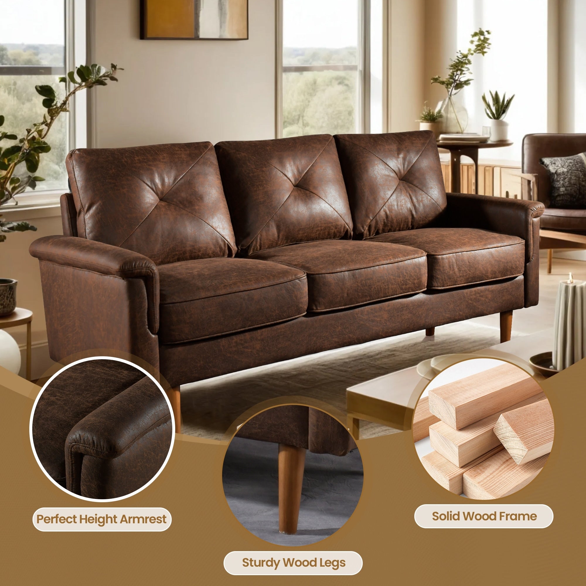Divano imbottito HOOOWOOO Mid-Century a 3 posti con gambe in legno per soggiorno