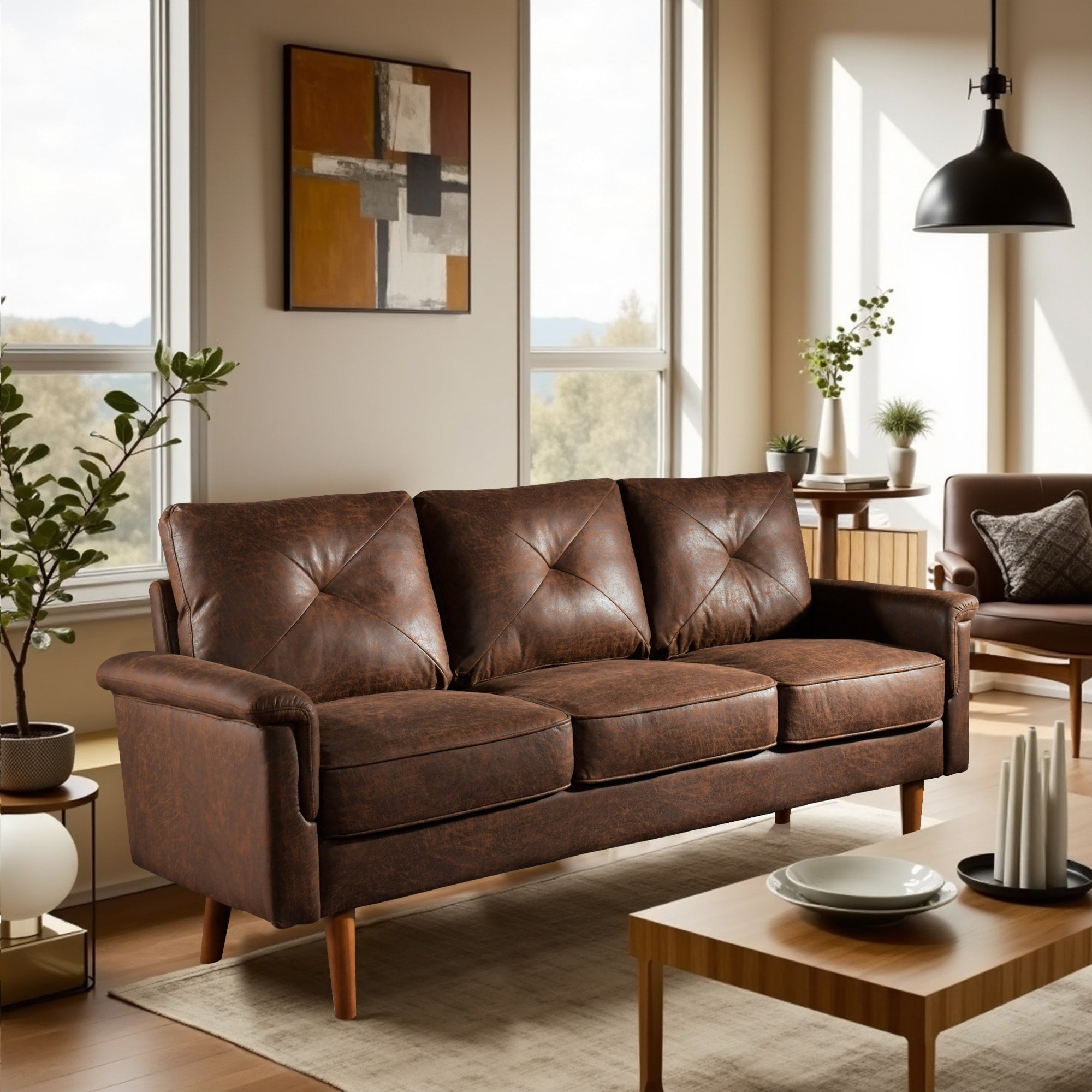 Divano imbottito HOOOWOOO Mid-Century a 3 posti con gambe in legno per soggiorno