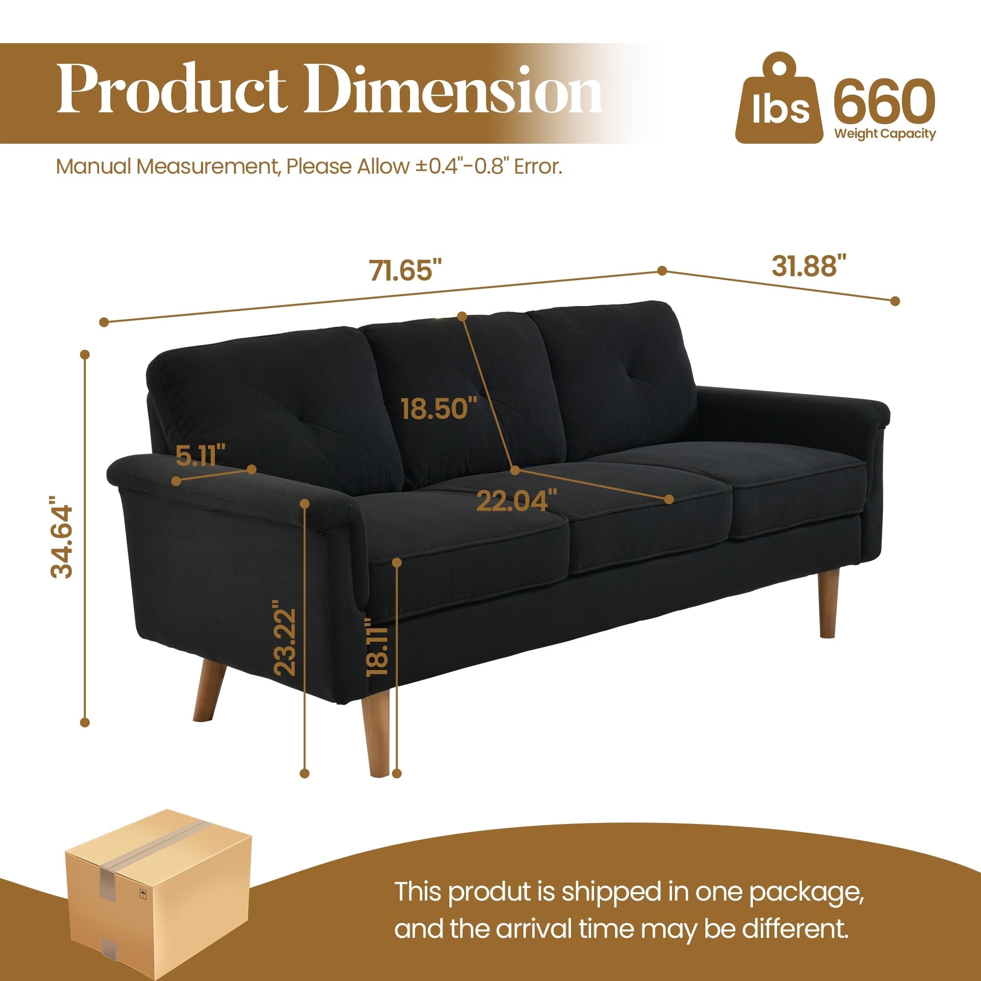 Divano imbottito HOOOWOOO Mid-Century a 3 posti con gambe in legno per soggiorno