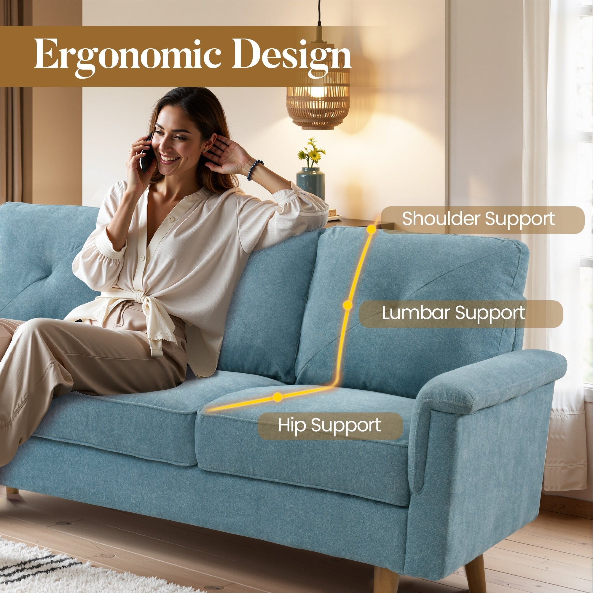 Divano imbottito HOOOWOOO Mid-Century a 3 posti con gambe in legno per soggiorno