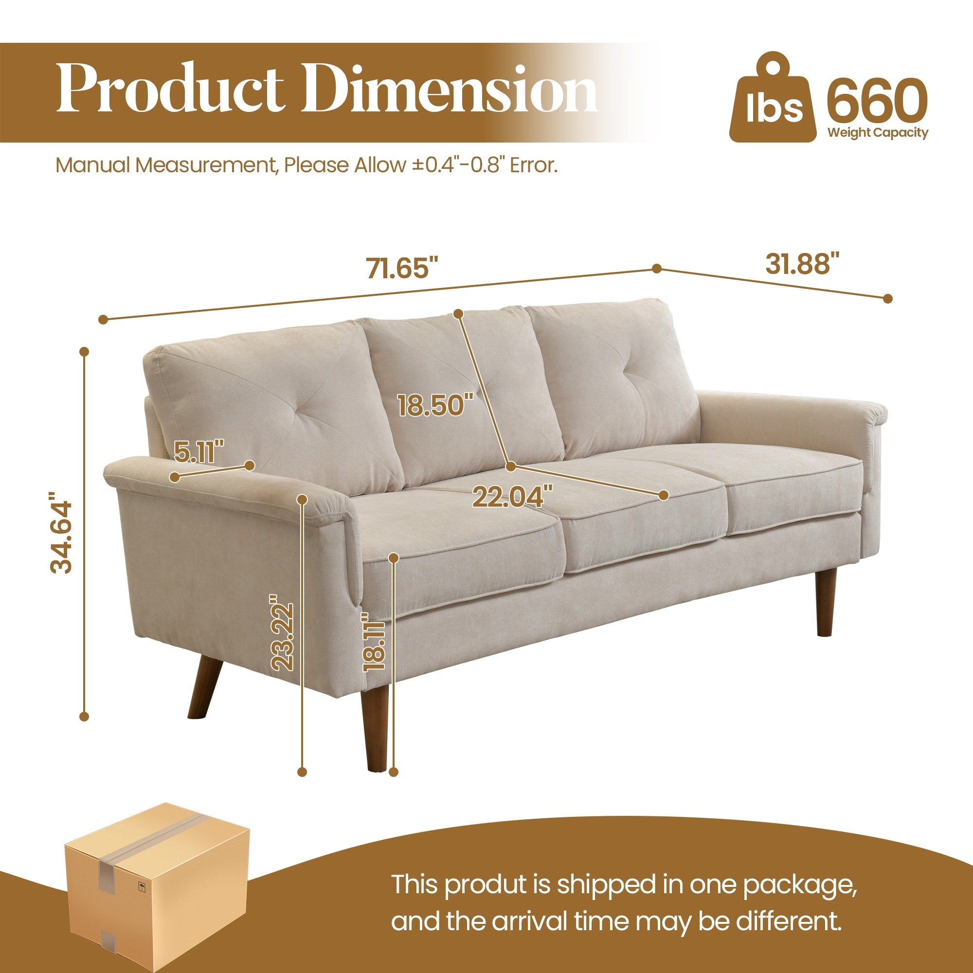 Divano imbottito HOOOWOOO Mid-Century a 3 posti con gambe in legno per soggiorno