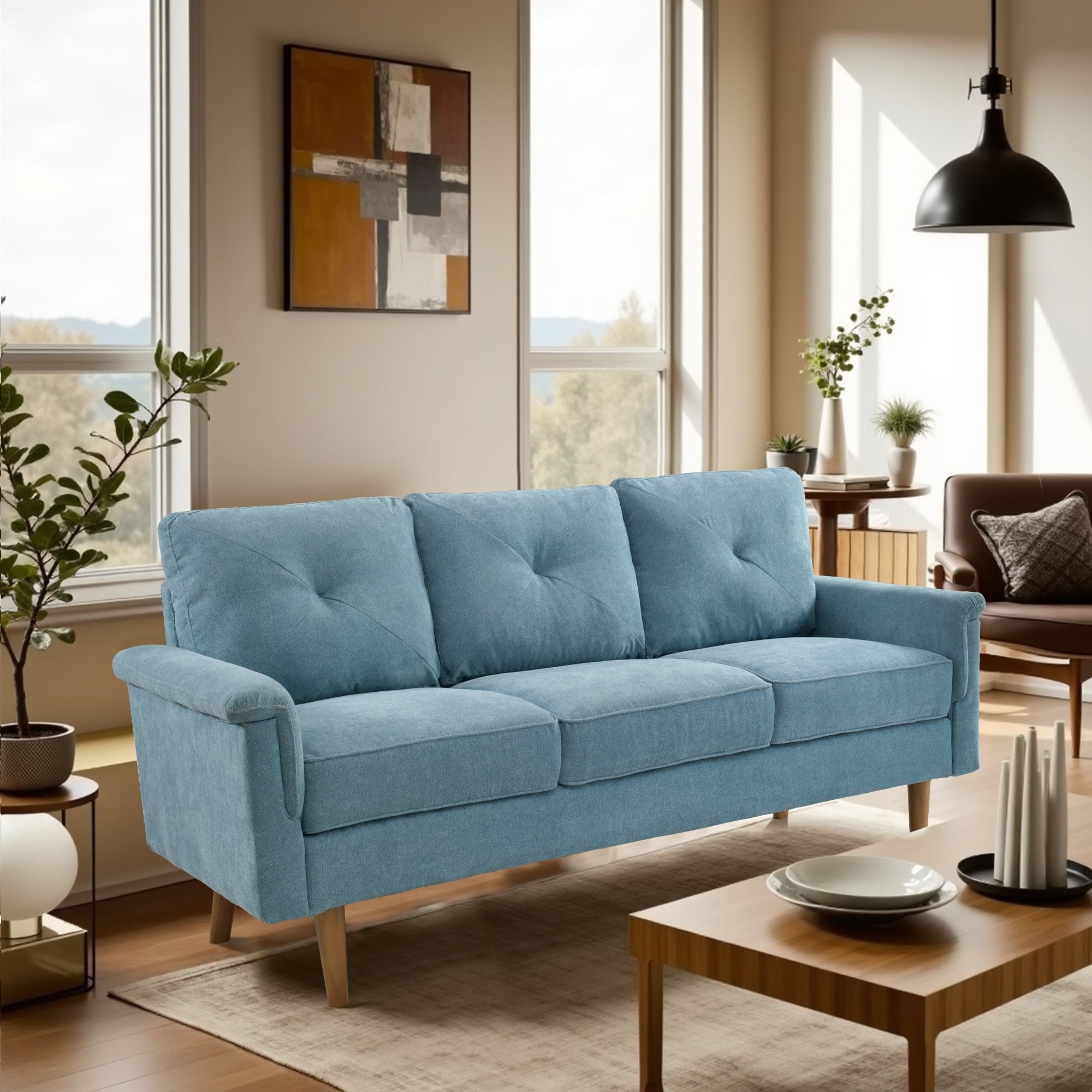 Divano imbottito HOOOWOOO Mid-Century a 3 posti con gambe in legno per soggiorno