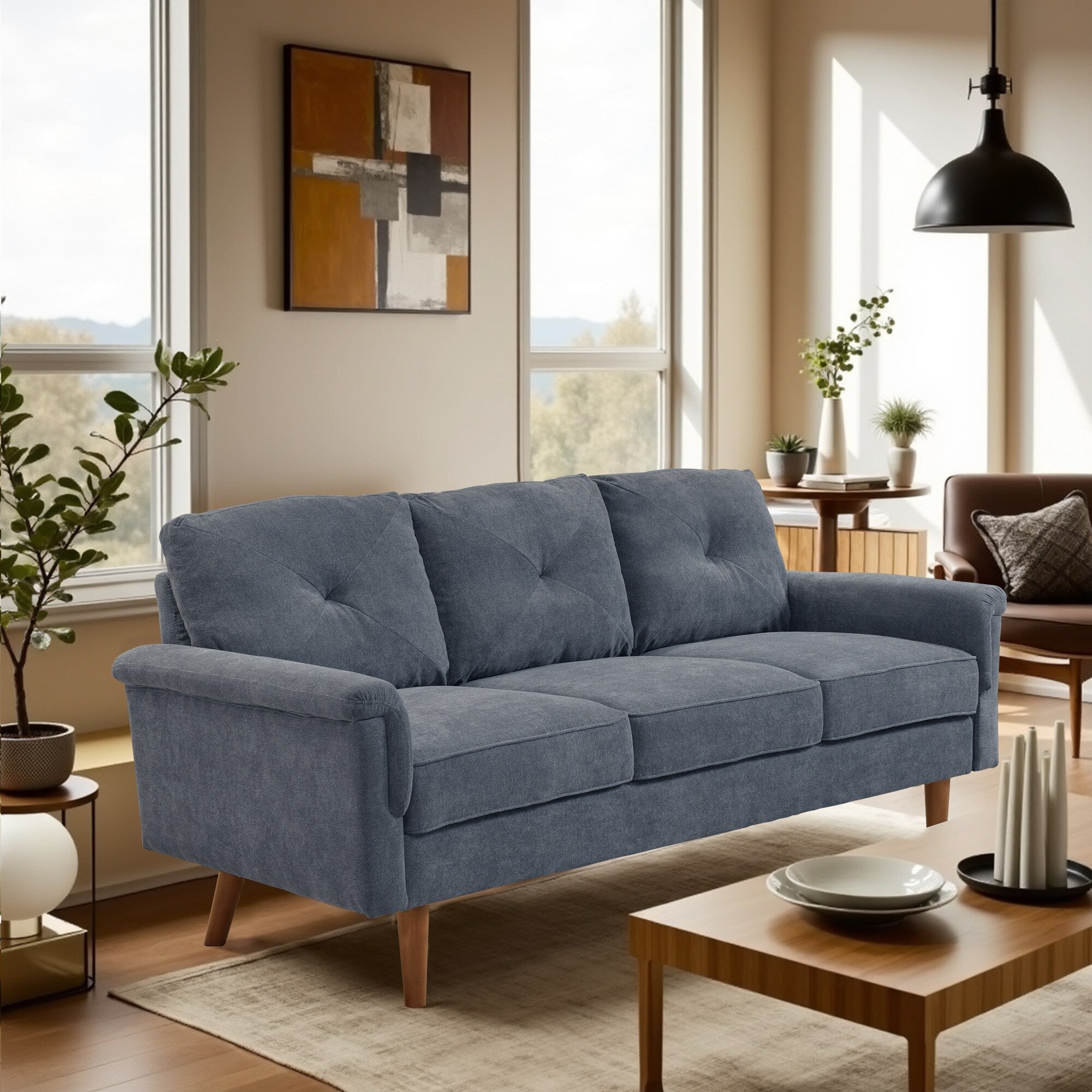 Divano imbottito HOOOWOOO Mid-Century a 3 posti con gambe in legno per soggiorno