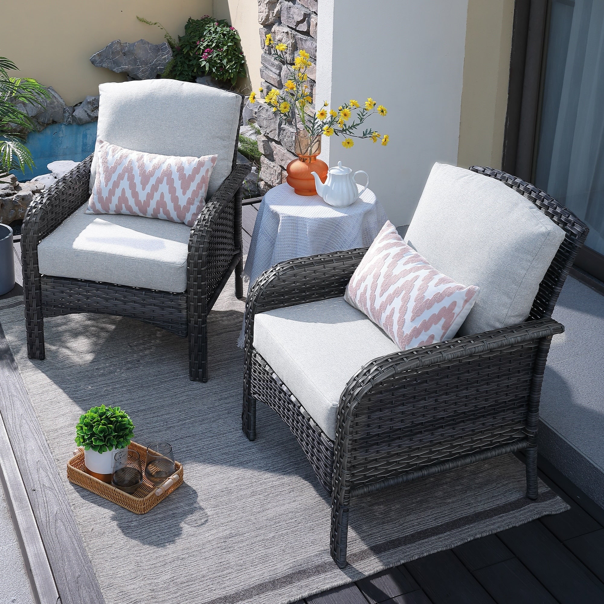 HOOOWOOO Set di 2 sedie da esterno in vimini e rattan per patio
